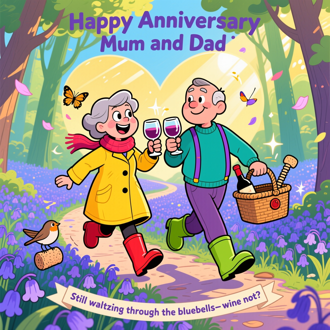 At the top of the Cartoon Style image, "Happy Anniversary Mum and Dad"

A playful, funny Cartoon Style scene in a sun-dappled bluebell wood: portrait, full-bleed composition with thick outlines, bright saturated colors, and whimsical, energetic poses. A joyful, slightly older cartoon couple (Mum and Dad) stride along a winding path carpeted in vivid violet-blue bluebells, mid-step with bouncy legs, big expressive eyes, and wide grins. Mum wears a lemon-yellow raincoat, raspberry scarf, and cherry-red wellies; Dad wears a teal sweater, purple suspenders, and lime-green boots. They clink oversized wine glasses as they walk; a wicker picnic basket swings from Dad’s arm with a peek of a corked wine bottle and a comically large corkscrew. The bluebell carpet is lush and dense; tall spring-green trees arch overhead into a subtle heart-shaped canopy; warm golden sunbeams, floating petals, butterflies, and a cheeky robin balancing on a cork add extra whimsy. Include motion lines, sparkles, and gentle cel-shaded highlights and shadows.

Color palette: lavender blues, electric purples, lime greens, sunny yellows, and pops of cherry red; crisp black outlines and bold cel shading.

At the bottom on a small curved ribbon banner, add one cheeky caption (small text): "Still waltzing through the bluebells—wine not?"

No other text or logos.
Generated with these themes: Walking in bluebell woods, Wine, and .
Made with ❤️ by AI.