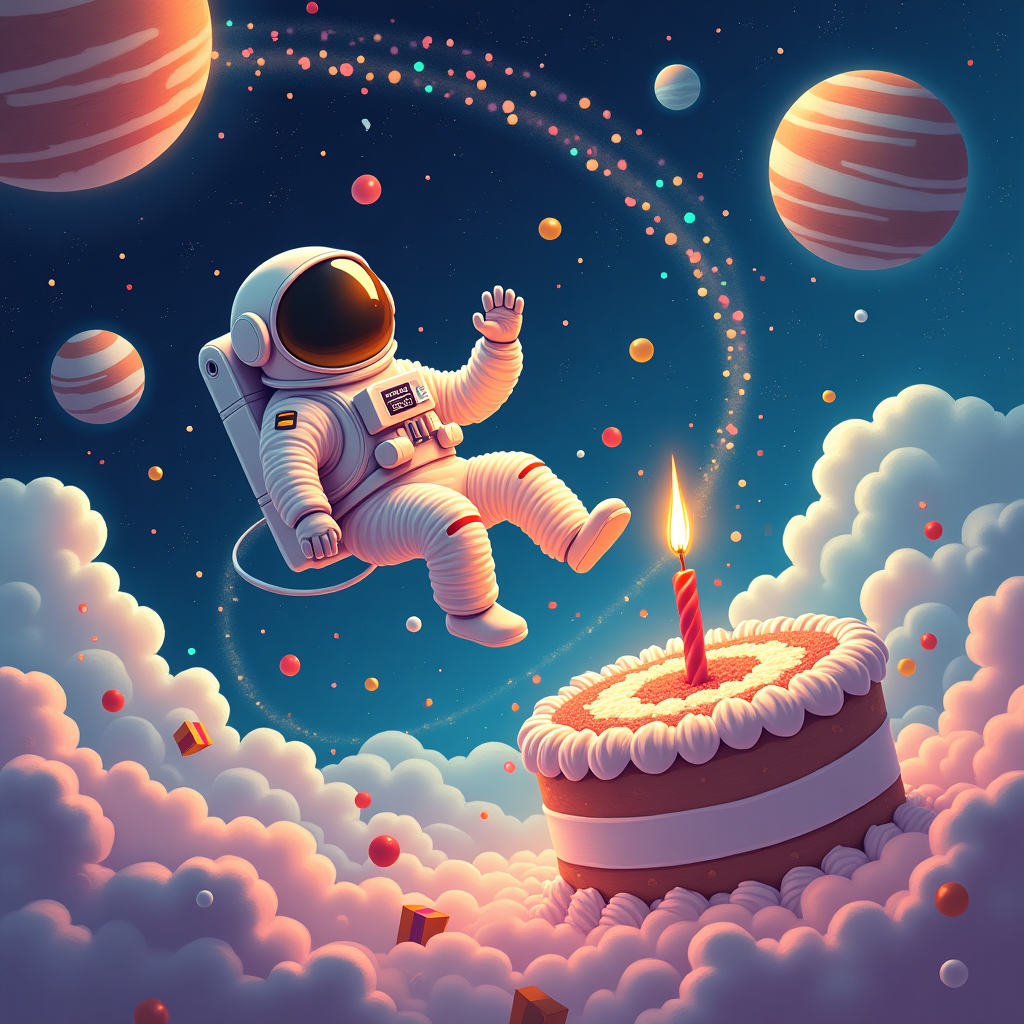 **Prompt:**

A surreal, abstract scene of a lone astronaut floating gracefully through a swirling cosmic landscape, where planets are made of birthday cake, and glowing balloons orbit like moons. Streams of confetti spiral through the void like solar flares, while a giant, dreamlike candle burns with a flame shaped like a comet. The astronaut’s visor reflects a whimsical galaxy where time melts like icing, and star-shaped presents drift by on pastel-colored clouds. The overall atmosphere is vibrant, otherworldly, and celebratory—combining the mysteries of deep space with the joyous chaos of a birthday.
Generated with these themes: Space astronaut .
Made with ❤️ by AI.