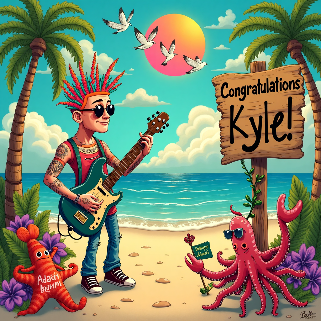 In the center of the surreal congratulations scene is a sandy beach that stretches endlessly into the horizon. A punk guitarist, with a mohawk that is the color of neon seaweed, stands confidently near the shoreline, his electric guitar emitting vibrant reggae beats that ripple through the air. The strings of the guitar are replaced by strands of multicolored coral, giving it a unique, oceanic twist. Surrounding him are anthropomorphic sea creatures: a lobster with a nose ring and a starfish wearing sunglasses, all swaying to the rhythm. Above them, a rainbow-hued sun sets, casting a kaleidoscope of colors over the scene. 

In the sky, a flock of seagulls forms the word "Kyle" with their flight path, each bird carrying a small instrument like tambourines and maracas. Nearby, a towering sandcastle, resembling a Gothic cathedral, is adorned with seashells that mimic the patterns of Beardsley's intricate designs. To the side, a giant, fantastical octopus plays the saxophone, its tentacles curling around the instrument in a way reminiscent of Rackham's flowing lines. Palm trees lean toward the ocean, their trunks tattooed with abstract patterns echoing Gorey's gothic whimsy. 

In the foreground, a driftwood signpost has been artfully graffitied with the words "Congratulations, Kyle!" in bold, punk-inspired lettering. The letters are intertwined with vines and morning glories, nodding to Potter's floral details, while an energetic crab with tiny, punk-styled piercings holds a miniature flag that reads "Achievement Unlocked" in Blake's unmistakable hand-lettered style. This scene, infused with lively and eclectic elements, tells the whimsical and unique story of a celebration at the beach, with Kyle at its center.
Generated with these themes: Musician, Guitarist, Punk, Beach, and Reggae.
Made with ❤️ by AI.