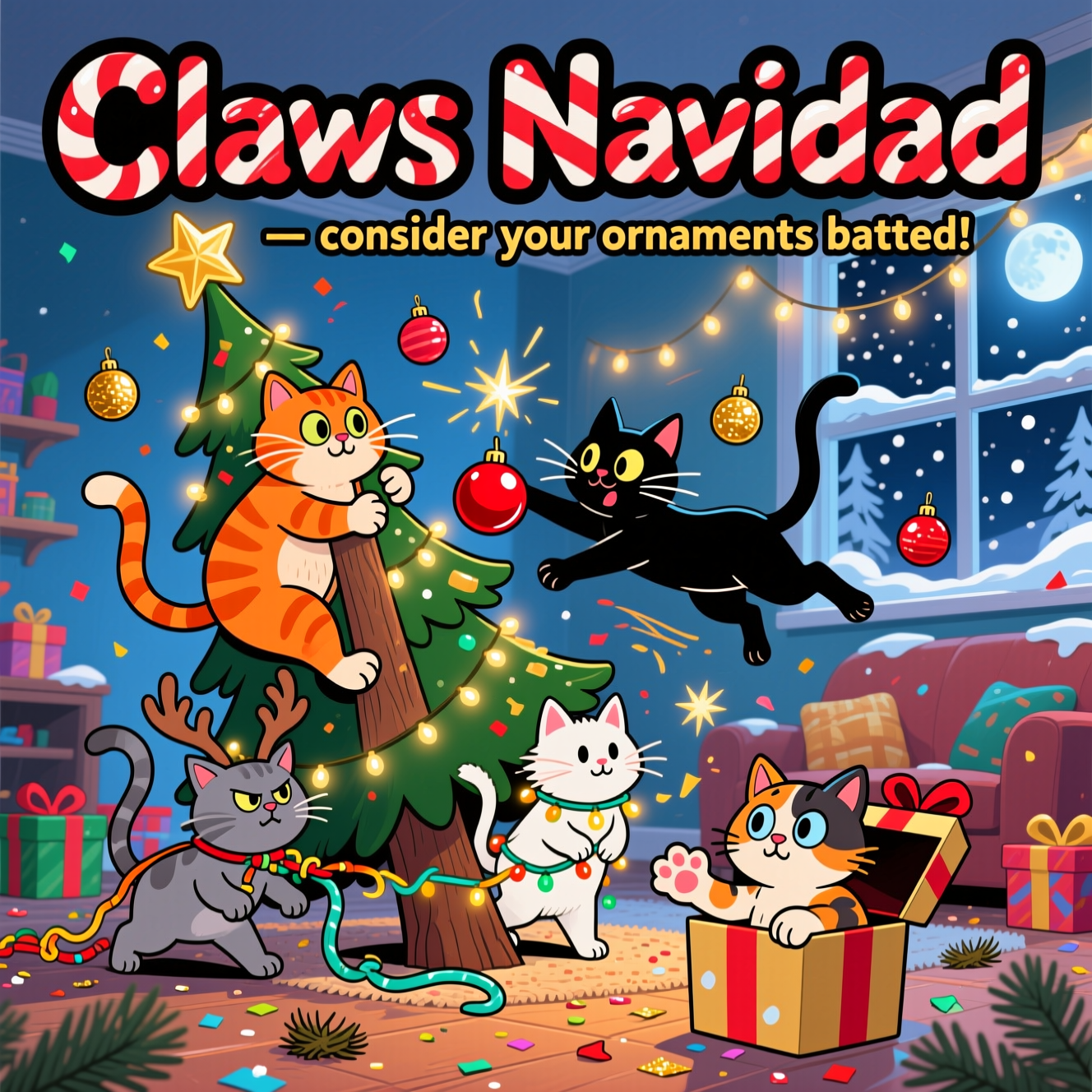 At the top center in giant candy-cane striped bubble letters with thick black outlines: “Claws Navidad — consider your ornaments batted!”

- Playful cartoon scene below: a towering, slightly tilting Christmas tree with a chonky orange tabby clinging halfway up the trunk, star askew; a sleek black cat mid-pounce swatting a shiny red bauble; a fluffy white kitten tangled in twinkly lights like a cape; a grumpy gray cat in reindeer antlers dragging tinsel across the floor; a calico peeking from a gift box with a paw reaching out.
- Exaggerated proportions, big expressive eyes, oversized paws, thick outlines, bright saturated reds, greens, golds, and icy blues; whimsical, energetic poses with motion swooshes and sparkly starbursts around flying ornaments.
- Cozy living room backdrop: snow-speckled window, glowing string lights, wrapped gifts, scattering of fallen pine needles and glittery confetti; warm golden tree glow mixed with cool moonlight from the window.
- Text-first composition: the headline dominates the upper third; clear negative space around the lettering for readability. No additional text anywhere in the scene.
- Finish in bold, high-contrast cel shading with crisp highlights, playful textures, and a joyful, mischievous, funny Christmas vibe.
Generated with these themes: Cats, and .
Made with ❤️ by AI.