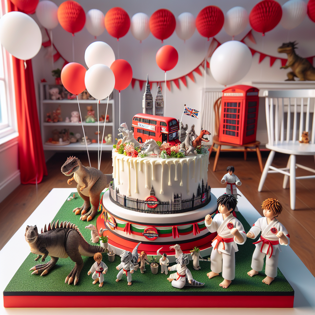 A delightful birthday scene designed with a realistic cute theme. The room is filled with vibrant red and white decorations, reminiscent of a popular football team's colors. Around the room, playful dinosaur figures add an element of fun and fantasy. A small corner of the room is dedicated to martial arts, featuring miniature characters clad in traditional outfits adorning a cake. The cake is a masterpiece, showcasing an icing representation of London's iconic skyline. In a subtle nod to the famous London Zoo, animal-shaped balloons, gently swaying, are suspended above, adding a festive touch to the entire setting.
Generated with these themes: Arsenal FC, Dinosaurs , Karate , and London zoo .
Made with ❤️ by AI.