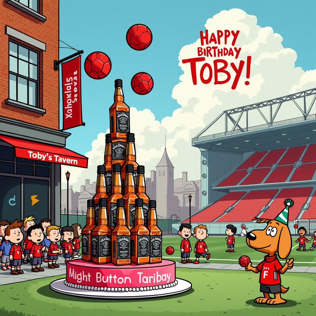 In the scene, imagine a bustling, colorful cartoon street in Liverpool, filled with iconic red Liverpool Football Club banners hanging from lampposts. On the left, a whimsical pub with a sign reading "Toby's Tavern" has Jack Daniels bottles stacked into a pyramid in the window, each bottle with a mini Liverpool FC scarf wrapped around it. 

In front of the pub, there’s a lively crowd of cartoon characters, inspired by the style of Charles Schulz’s Peanuts, all wearing Liverpool jerseys. They’re cheering as an anthropomorphic bottle of Jack Daniels, with arms, legs, and a Liverpool scarf, performs a juggling act with footballs. 

To the right, a large birthday cake shaped like Liverpool's Anfield Stadium sits on a table, with “Happy Birthday Toby!” written in vibrant red icing on the field. 

Overhead, in the sky, puffy white clouds spell out "Happy Birthday Toby!" in a playful, bubbly font, reminiscent of the whimsical lettering in Winsor McCay’s "Little Nemo in Slumberland." 

In the background, a street artist in the style of Bill Watterson’s Calvin and Hobbes has drawn a mural on a brick wall. The mural features Liverpool’s mascot, Mighty Red, holding a Jack Daniels bottle and toasting with the city skyline behind him.

In the foreground, a lively little Liverpool dog, drawn in the playful style of Osamu Tezuka, is playfully balancing a miniature football on its nose while a tiny cartoon birthday hat sits atop its head.

All these elements come together to form a rich, detailed, and humorous birthday scene that celebrates both Liverpool Football Club and Jack Daniels, with “Toby” cleverly and prominently featured throughout.
Generated with these themes: Liverpool Football club , and Jack Daniels .
Made with ❤️ by AI.