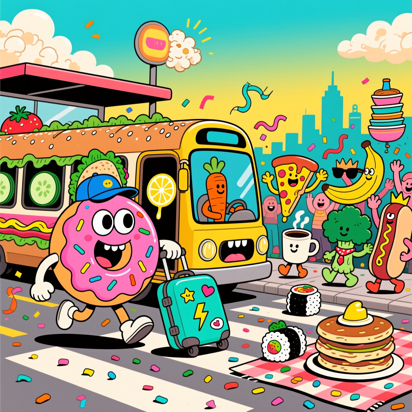 Playful 2D cartoon illustration in a funny, energetic mood: a colorful farewell send-off at a quirky food-themed bus stop. Center-left, a giant pink-frosted donut with rainbow sprinkles and big expressive eyes, tiny noodle arms and legs, wearing a tiny blue cap, is mid-step onto a long sandwich-bus (sub sandwich body with sesame bun roof, lettuce and tomato forming window frames, cucumber slice wheels, lemon slice headlights; door shaped like a big bite). The donut is pulling a bright teal rolling suitcase covered in cute icon stickers (stars, hearts, lightning bolts—no words). The driver is a proud carrot in a little cap. Surrounding them, a cheering crowd of anthropomorphic foods—smiling taco with lettuce hair and salsa freckles, melty pizza slice with stretchy cheese arms, cool banana in shades, steamy-eyed coffee cup, broccoli with poofy crown, sushi roll with bandana, hotdog with mustard tie, and a stack of pancakes with a butter hat—are waving, jumping, and popping confetti. Motion lines, sparkles, and streamers add energy. Background: bold, sunny sky gradient (turquoise to warm yellow) with fluffy popcorn-shaped clouds; distant silhouette of a city built from stacked bowls and bottles; no text. Ground: graphic crosswalk patterned like a picnic blanket; colorful sprinkles/confetti scattered. Style: playful cartoon with exaggerated proportions, thick black outlines, bright saturated colors (neon pinks, teal, lemon yellow, lime green, tangerine), cel-shaded highlights and chunky shadows; whimsical, energetic poses; dynamic low 3/4 perspective, wide-angle feel, full-bleed composition. On-image text: “Taco care—donut forget us!” in one short line, chunky hand-lettering with white fill, thick black outline, slight drop shadow, placed near the bottom. No other text.
Generated with these themes: Food , and .
Made with ❤️ by AI.