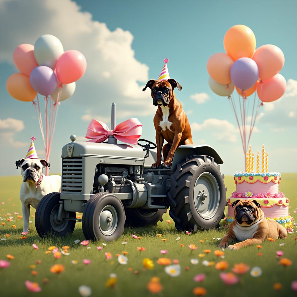 The scene is set in a vibrant, grassy meadow speckled with colorful flowers and dotted with balloons tied to candy-striped stakes. In the center, a brown Boxer with a glossy coat is sitting atop a chunky grey tractor which has large black tires and silver hubcaps that shine in the sunlight. The tractor's engine hood is adorned with a large, pastel-colored birthday present bow. To the left of the tractor, a pure white Boxer with bright, attentive eyes and a matching party hat stands vigilantly. On the right, an English Bulldog with a stout, brown body and a white head lies comfortably in the shade of a giant birthday cake, which is decorated with a multitude of colorful frosting swirls and adorned with lit candles. The entire scene is framed by blue skies with puffy white clouds and a sun whose rays bathe the meadow in a cheerful light.
Generated with these themes: Brown Boxer driving a grey tractor , Pure White Boxer, and English Bulldog brown body white head.
Made with ❤️ by AI.