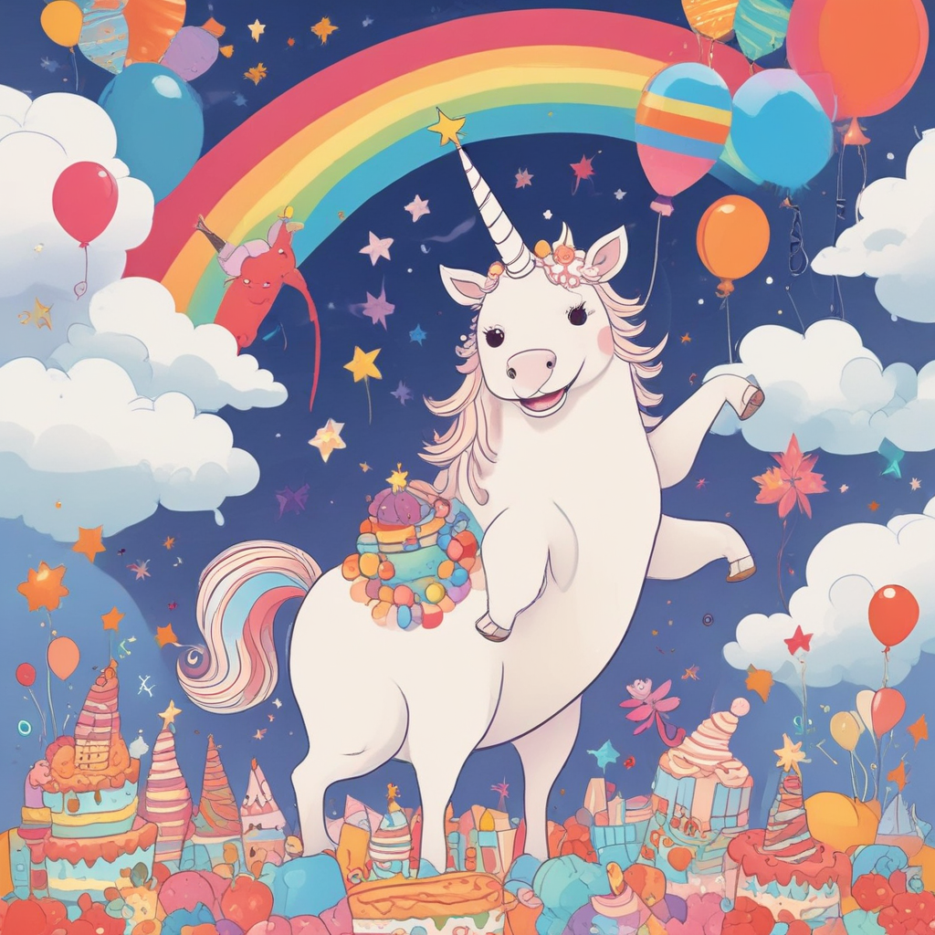 Illustration Cute, A delightful birthday-themed image filled with a pastel-colored rainbow arching grandly across the sky, acting as a vibrant background. Below, a joyous unicorn wearing a festive hat merrily trots at the side of a cheerful bear character with a red shirt, holding a honeypot and surrounded by party balloons. Amidst the vibrant array of birthday sweets and goodies, cute exploratory sea creatures are engaged in discovering a thick, rich, chocolate river scene, evocative of a magical confectionery factory.
Generated with these themes: Rainbows , Unicorns , Winnie the Pooh , Octonauts , and Charlie and the chocolate factory.
Made with ❤️ by AI.