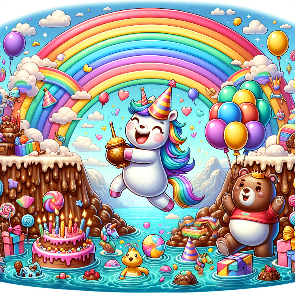 A delightful birthday-themed image filled with a pastel-colored rainbow arching grandly across the sky, acting as a vibrant background. Below, a joyous unicorn wearing a festive hat merrily trots at the side of a cheerful bear character with a red shirt, holding a honeypot and surrounded by party balloons. Amidst the vibrant array of birthday sweets and goodies, cute exploratory sea creatures are engaged in discovering a thick, rich, chocolate river scene, evocative of a magical confectionery factory.
Generated with these themes: Rainbows , Unicorns , Winnie the Pooh , Octonauts , and Charlie and the chocolate factory.
Made with ❤️ by AI.