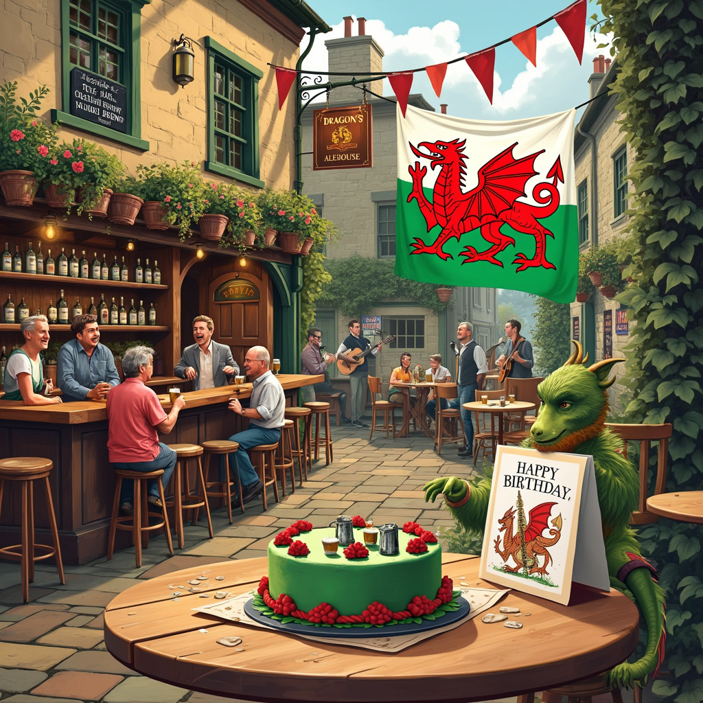 The front cover of this quirky birthday greetings card showcases a bustling Welsh pub nestled in a picturesque village. The pub, with its traditional stone walls and ivy climbing up its sides, is adorned with vibrant hanging flower baskets. Above the entrance, a large wooden sign reads "The Dragon's Alehouse," with a painted image of a Welsh dragon clutching a frothy beer mug. 

Inside, through the large, open windows, you can see the lively interior. There's a long, wooden bar polished to a shine, with an assortment of Welsh ales and beers on display behind it. The shelves are lined with pewter tankards, some engraved with intricate Celtic designs. The floor is a patchwork of well-worn, colorful tiles, leading to cozy, round tables surrounded by mismatched chairs.

At the forefront, a jovial group of friends are celebrating a birthday. One of them, wearing a traditional Welsh flat cap, is holding a pint of dark ale high in a toast. In the background, a couple of patrons are enthusiastically singing along to a live band, where musicians are playing a lively folk tune on a harp and fiddle.

The focal point of the card, however, is a large Welsh flag draped across the back wall of the pub. It's hanging proudly, with its bold red dragon seemingly breathing fire towards a chalkboard menu advertising "Today's Special: Welsh Rarebit and Local Brews." 

On one of the tables, a birthday cake decorated with tiny sugar dragons and miniature beer mugs sits ready to be cut. The cake’s frosting is a rich, deep green, mimicking the rolling hills of Wales, with "Happy Birthday" written in bold, white letters. Next to the cake, a whimsical birthday card featuring a cartoon dragon holding a beer stein and wearing a party hat stands upright, ready to be opened.

Every inch of the scene is filled with Welsh cultural nods, from the red dragon banners hanging from the ceiling to the vintage rugby posters plastered on the walls. This detailed, lively, and humorous depiction brings together the essence of Welsh pride and the joy of a birthday celebration in a charming, rustic pub setting.
Generated with these themes: Welsh, Welsh flag, beer.
Made with ❤️ by AI.