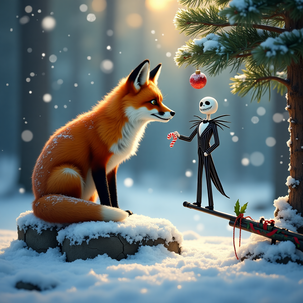 In a snow-dusted forest clearing, the cover of the Christmas greeting card unveils a captivating and unique scene where whimsy meets realism. A regal red fox, its fur glistening with frost, sits gracefully atop a snow-covered rock. Its piercing eyes watch intently as a delicate ornament dangles from a nearby pine branch—a tiny replica of Jack Skellington from "The Nightmare Before Christmas." Jack, dressed in his signature pinstripe suit, appears to be playfully grinning at the fox, his skeletal hands holding a miniature candy cane as though he's offering it to his newfound furry friend. Off to the side, nestled under the protective canopy of a towering evergreen, lies a cleverly camouflaged sniper rifle. It's been repurposed for the holiday season—strung with shimmering tinsel and a sprig of holly adorning the barrel, as if hinting at the element of surprise in the festive air. In the background, gently falling snowflakes catch the light of the setting sun, creating a magical sparkle that blankets the tranquil winter wonderland. Each detail in the scene is lovingly crafted to suggest a story where Christmas joy and the unexpected converge in harmonious delight.
Generated with these themes: Foxes, Jack skellington, and Sniper .
Made with ❤️ by AI.