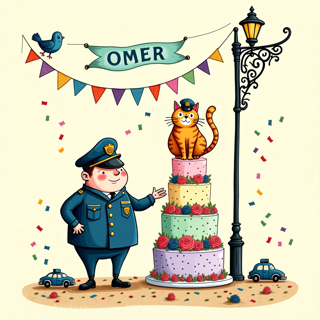 The front cover of this whimsical birthday greeting card features a lively and detailed scene reminiscent of a storybook illustration, with a hand-drawn style that nods to the intricacies of Edward Gorey and the expressiveness of Quentin Blake.

At the center of the scene is a cheerful, cartoonish police officer, wearing a classic blue uniform adorned with golden buttons and a bright, shiny badge. His hat is perched slightly askew, with a small, comical pigeon sitting atop it. The officer is standing next to a giant, elaborately decorated birthday cake. The cake is four tiers high, with each tier a different pastel shade: lavender, mint green, soft yellow, and pale pink. It is adorned with whimsical candles that spiral upward, and sugary roses that look good enough to eat.

Perched mischievously on the top tier of the cake is a plump, fluffy cat with a coat of vivid ginger stripes and sparkling green eyes. The cat wears a tiny police cap and has a paw playfully swatting at one of the candles. Around the cake's base are scattered colorful confetti and miniature toy police cars, some flipped on their side, adding to the playful chaos.

The background is a simple, warm, cream color that evokes the charm of a vintage storybook page. Overhead, a banner strung across the scene, held aloft by two hovering, giggling birds, bears the bold, hand-lettered word "OMER" in a vibrant teal hue. This playful element ties the scene together and offers a touch of personalization.

To the side, a whimsical streetlight with intricate Art Nouveau-inspired wrought iron detailing leans slightly as if it's peeking into the celebration. Hanging from the streetlight is a colorful string of bunting flags in bright primary colors, fluttering gently in an imaginary breeze.

The entire illustration is framed with a border of playful doodles — small paw prints, tiny police hats, and swirling ribbons, all in fine black lines that add a touch of Beardsley’s flair. This card promises to be a delightful keepsake, a celebration captured in a single, joyous moment.
Generated with these themes: Police Officer and cat.
Made with ❤️ by AI.