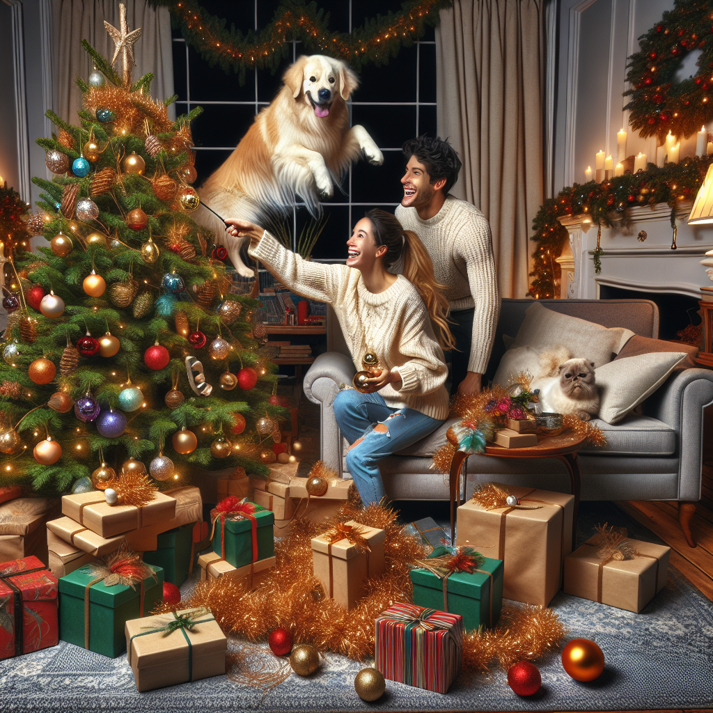 A heartwarming Christmas-themed illustration depicts a cozy living room scene. A male and female couple are adorning a fir tree with festive ornaments, their smiles exuding warmth. In the midst of the holiday cheer, their golden retriever gleefully scampers around, its paws entangled in strands of tinsel, knocking down a pile of gift boxes in a charming display of playful chaos. Meanwhile, a grumpy white Pomeranian sits atop the couch, its eyes narrowed in displeasure at the commotion. Nearby, a regal white Persian cat watches aloof from a plush armchair, partially hidden behind a wrapped present, adding a touch of serene grace to the lively atmosphere.
Generated with these themes: Male and female couple, Golden retriever making a mess, Grumpy white pomeranian, and White persian cat.
Made with ❤️ by AI.
