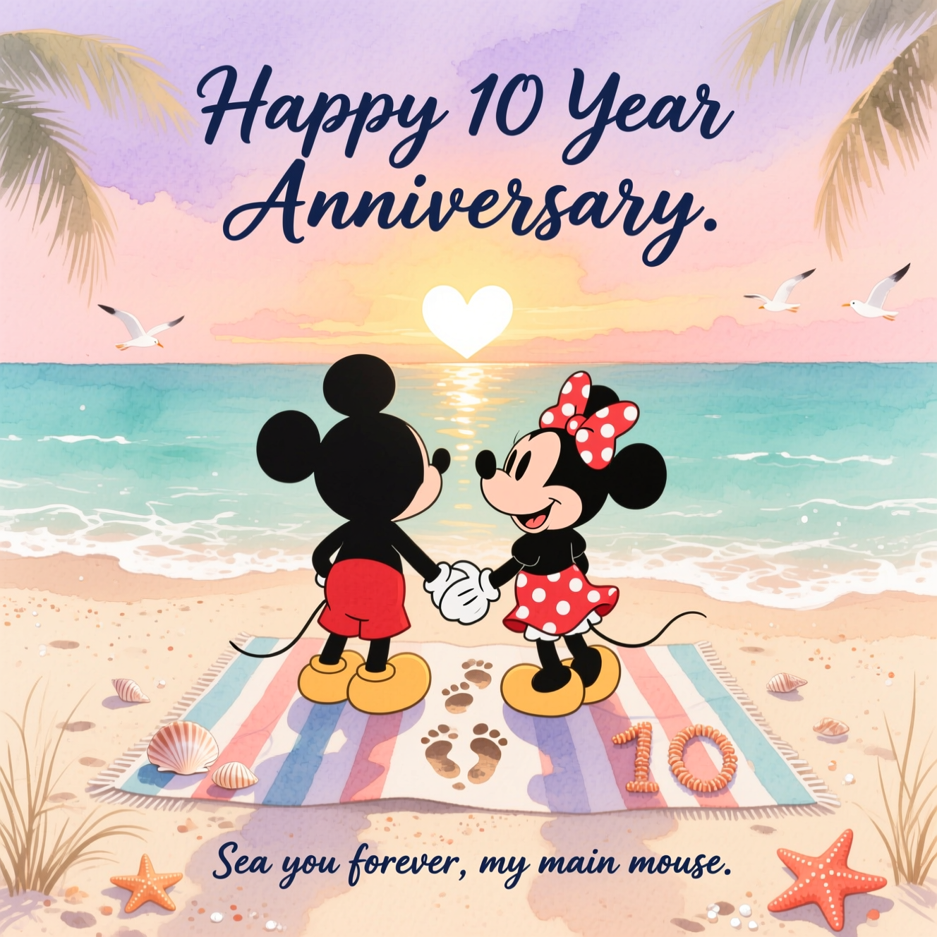 At the top of the Watercolor Style image, "Happy 10 Year Anniversary"

At the bottom of the image, "Sea you forever, my main mouse."

- Romantic watercolor beach at golden hour: a soft peach-to-lavender sky melting into a tranquil teal sea, with delicate gradients, subtle pigment blooms, and visible natural paper texture.
- Center scene: Mickey Mouse and Minnie Mouse as tender, soft-edged silhouettes on a striped beach blanket, holding hands and gazing at the sunset; iconic round ears, gentle hints of red shorts and a polka-dot bow rendered in translucent washes.
- A heart-shaped glimmer in the sun’s reflection on the water; two sets of footprints intertwined in the sand; seashells arranged to form a subtle “10”; a few scattered starfish and wispy seagrass.
- Loose palms framing the sides, faint gulls suggested with minimal brush marks; dry-brush foam along the shoreline; salt-speckled sand for texture; airy splatters for sparkle.
- Composition: portrait, generous sky at the top for the headline and a clean, light wash of sand at the bottom for the punch-line. Hand-lettered brush script with a slight watercolor bleed—deep navy for the top text, warm coral for the bottom. Text is the hero, with the scene softly supporting the romance.
Generated with these themes: Mickey and beach, and .
Made with ❤️ by AI.