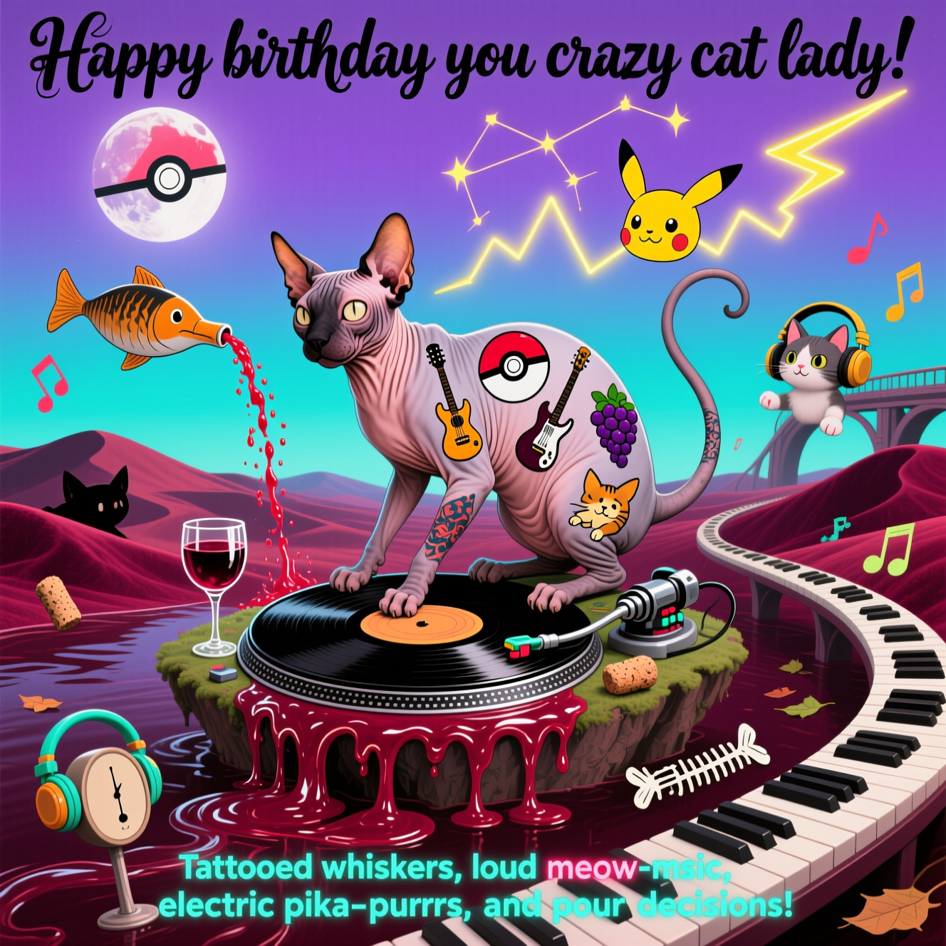 At the top of the Surreal Style image, "Happy birthday you crazy cat lady!"

At the bottom of the image, "Tattooed whiskers, loud meow-sic, electric pika-purrs, and pour decisions!"

- Centerpiece: A colossal sphynx cat DJ perched on a melting vinyl record turntable island; the record droops like Dali’s clocks, its grooves stretching into long, twitching whiskers.
- The cat’s skin is a living tattoo sleeve: bold flash art of Pokéballs, treble clefs, guitars, wine grapes, corks, and tiny prancing cats; its tail morphs into a buzzing tattoo machine that scribes glowing staff lines into the air—each note blossoms into a dozy kitten.
- Surreal terrain: Velvet dunes of Bordeaux wine flow upward, defying gravity; cat-faced goblets levitate to catch ruby streams pouring skyward from a fish-shaped bottle.
- Sky: A lavender–turquoise gradient with a giant Pokéball moon; a zigzag constellation shaped like Pikachu’s lightning-bolt tail crackles in electric yellow, casting whimsical feline shadows.
- Music everywhere: Bending piano-key bridges arc across the scene; droopy metronomes with whiskers sway; kittens in oversized headphones tap paws to the beat; fishbone guitar picks drift like leaves.
- Lighting and palette: Ethereal glow, long dreamlike shadows, glossy reflections in the wine; ink-black, Bordeaux red, electric yellow, and phosphorescent teal.
- Typography: Top line in bold, inky tattoo-script with a soft neon halo; bottom line in playful neon tube letters tracing along a curving piano key.
Generated with these themes: Tattoo, music, cats, pokemon, wine, , and .
Made with ❤️ by AI.