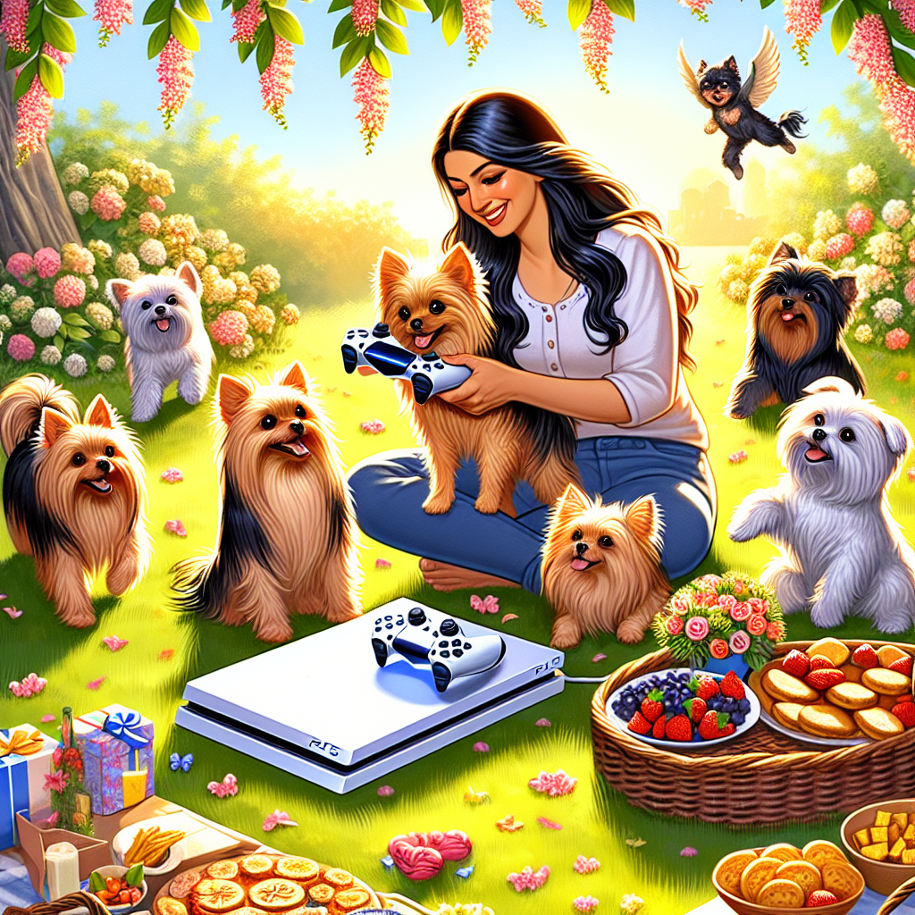 Illustrate a beautiful scene set in a sunny garden, where a group of Yorkies and a Pomeranian dog are playing in a bed of blossoming flowers, their tails energetically wagging in happiness. At the centre of the scene, a woman of Hispanic descent is seen offering a PS5 controller to her South Asian descent husband as a birthday present. This gift signifies their common passion for gaming. Spread around them is a sumptuous picnic filled with appetising snacks, enhancing the joyous and festive vibe of the birthday celebration.
Generated with these themes: Yorkies, Pomeranian , Dogs, Wife, PS5, and Food.
Made with ❤️ by AI.