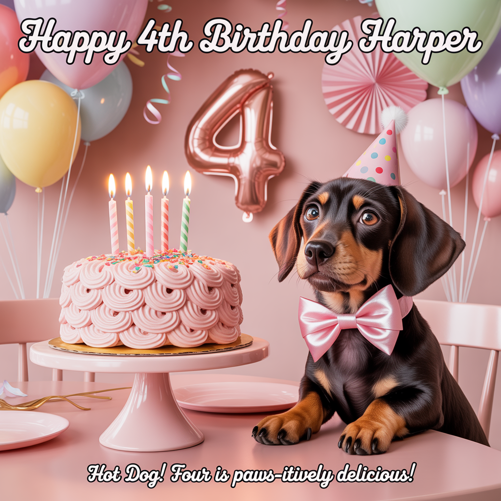 Pink, cake, sausage dog, 4th birthday decorations, and Birthday Card