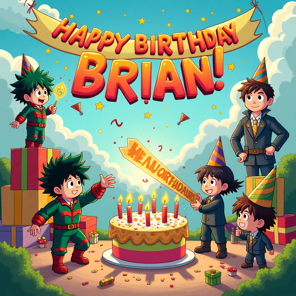 In a vibrant and whimsical landscape, we find ourselves in a lively birthday scene bursting with iconic characters and playful chaos. The central focus is a large, colorful birthday cake shaped like a My Hero Academia symbol, with a bright "Happy Birthday, Brian!" banner arcing above it like a festive rainbow. Deku, clad in his distinctive green hero suit, is attempting to light the candles with his quirk, a determined yet slightly clumsy look on his face. To his left, Nezuko from Demon Slayer is balancing on a stack of presents, her bamboo muzzle humorously replaced by a party blower, cheerfully puffing confetti into the air.

To the right of the cake, the Mafia Boss Baby, complete with a tiny pinstripe suit and fedora, is orchestrating a "birthday heist," trying to sneak a slice of cake with a tiny fork, his mischievous eyes glancing around to ensure no one notices. Nearby, from Solo Leveling, Sung Jin-Woo stands tall, holding a giant party balloon sword with "Brian" etched along its length in bold letters, providing a guardian-like presence over the celebration.

In the background, the post-apocalyptic duo from The Last of Us, Joel and Ellie, have temporarily traded their survival gear for party hats, joining in with playful smirks. Above the scene, fluffy clouds spell out "Happy Birthday, Brian!" in a comic strip font reminiscent of Calvin and Hobbes, complete with dynamic, squiggly lines that capture the energetic vibe of the gathering.

In the foreground, a series of brightly wrapped gifts are scattered, with each character contributing their personal touch: a pair of green-and-black boots from Deku, a miniature wooden box from Nezuko, and a tiny, custom suit from the Mafia Boss Baby. The entire scene, teeming with animated expressions and lively interactions, creates a jubilant and chaotic harmony that captures the spirit of a truly unique birthday celebration for Brian.
Generated with these themes: Deku, nezuko, solo leveling, mafia boss baby, my hero academia,  demon slayer, last of us, all wishing brian happy birthday.
Made with ❤️ by AI.