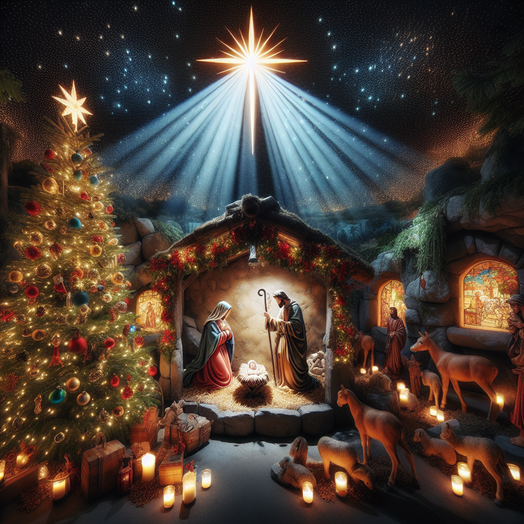 The illustration depicts a charming Christmas scene centered on the Natività, with the holy family in a modest stable, the star of Bethlehem shining above. To the side stands an Albero di Natale, adorned with twinkling lights and colorful ornaments. The ambiance is softened by the luminous flickers of candele scattered throughout the composition, which bring the spirit of the festive season to life and create a cozy, inviting atmosphere.
Generated with these themes: Natività, Albero di natale, and Candele.
Made with ❤️ by AI.