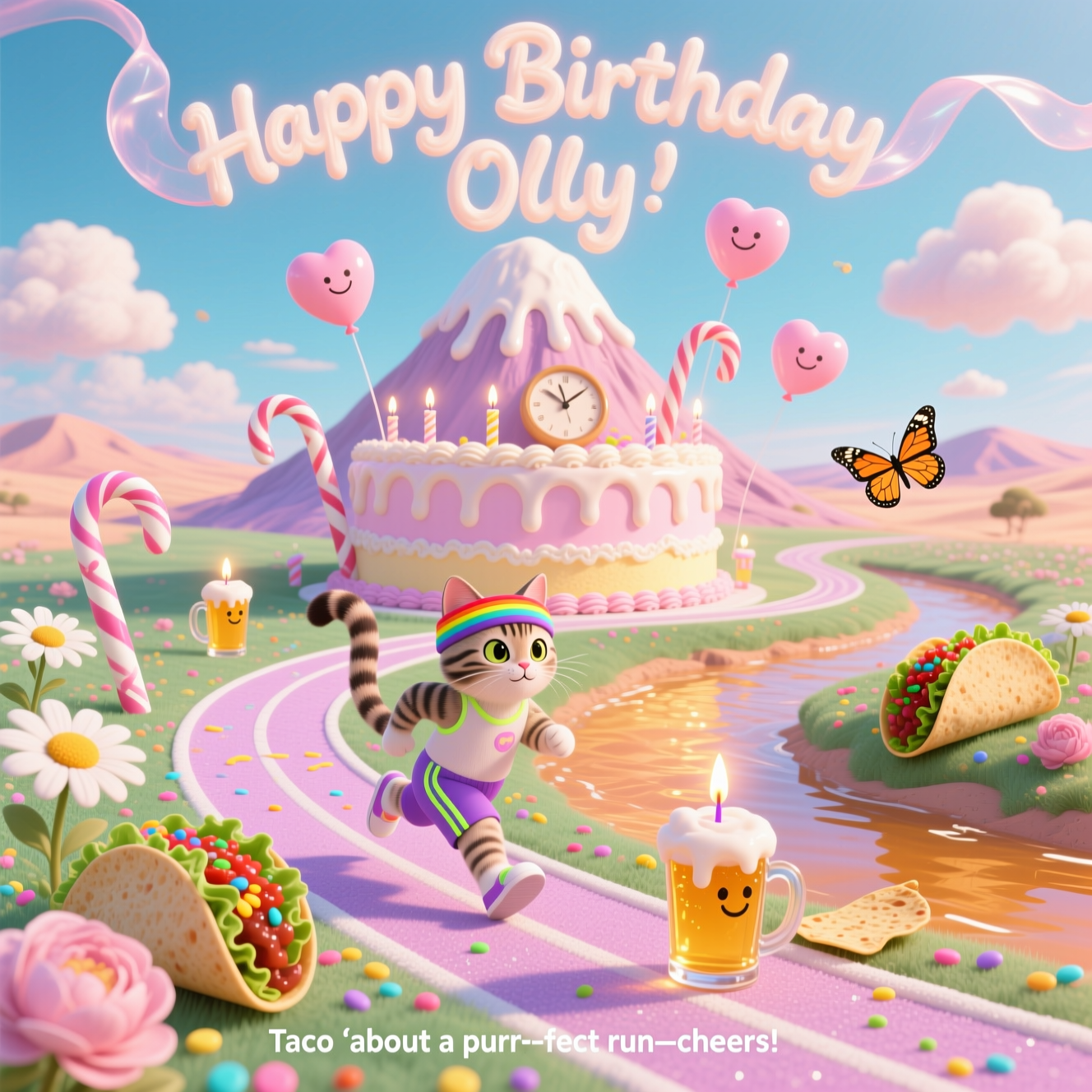 At the top of the Surreal Style image, "Happy Birthday Olly" in fluffy whipped-cream hand-lettering, softly glowing on a translucent frosting ribbon

Dreamlike, Dali-inspired cute surrealism: a colossal pastel birthday-cake mountain in an otherworldly candy desert, frosting melting into looping running tracks; a wide-eyed tabby cat with soft stripes, tiny neon joggers and a rainbow sweatband joyfully jogging along the sugary track, tail forming a floating ribbon. Tacos drape like soft clocks over curvy candy canes and bendy flower stems; a gentle amber river of beer winds through the scene, its froth puffing into heart-shaped clouds and tiny smiling mug-balloons. Cake candles morph into miniature beer-glass candles with twinkly faces. Fields of oversized daisies and peonies sprout from rainbow sprinkles; some petals transform into taco shells with lettuce and confetti salsa; tortilla-chip butterflies flutter by. Ethereal golden-pink light, long lyrical shadows, pastel palette (peach, mint, lavender, sky-blue), silky painterly textures, glossy icing highlights, shimmering beer reflections, dreamy depth of field with crisp focus on the jogging cat and cake, whimsical and adorable.

At the bottom of the image, a small playful caption: "Taco 'bout a purr-fect run—cheers!"
Generated with these themes: Tabby cat, Birthday cake, Beer, Jogging, Flowers, Tacos, and .
Made with ❤️ by AI.