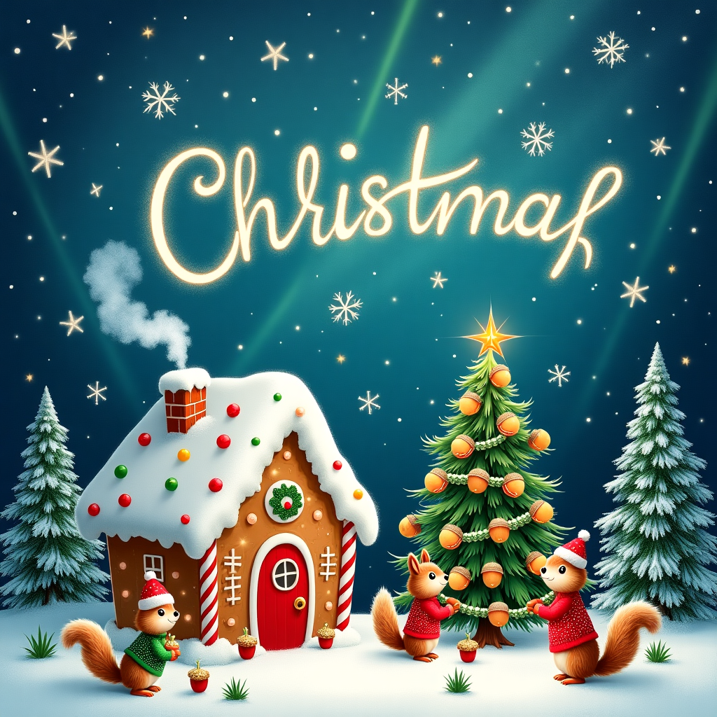In this whimsical Christmas card design, imagine a cozy village nestled beneath a starlit winter sky. The focal point is a charming, snow-covered gingerbread house with a roof dusted in white icing, decorated with colorful gumdrops and candy canes. Tiny puffs of smoke curl gently from the chimney, suggesting the warmth within. In front of the house, a delightful scene unfolds: a family of squirrels dressed in tiny knitted Christmas sweaters and hats are busily decorating a miniature pine tree with acorn ornaments and popcorn garlands. Snowflakes, each uniquely intricate, twinkle as they fall, caught in the branches of the surrounding fir trees. Above this enchanting scene, the sky is illuminated by an extraordinary sight—a shimmering aurora borealis that twists and turns, spelling out "Silver oak28" in swirling, elegant letters formed from the lights themselves. This celestial script seems to dance with the stars, creating a magical backdrop for the winter wonderland below. Each element, from the delicate snowflakes to the playful squirrels, contributes to a festive tableau that captures the heartwarming spirit of Christmas.
Generated with these themes: Christmas theme.
Made with ❤️ by AI.