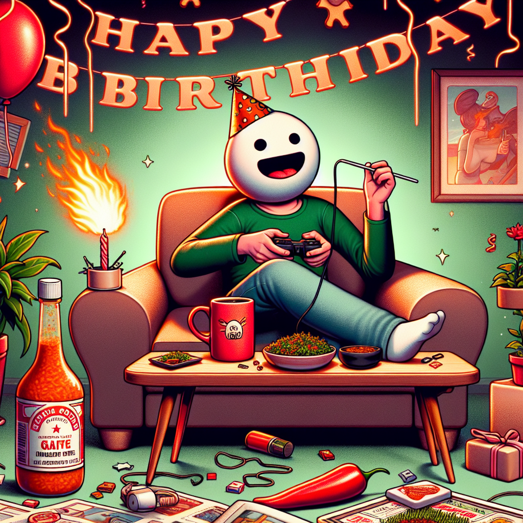 A festive birthday scene radiates energy, featuring the birthday person casually relaxing on a couch with a video game controller in hand, fully immersed in a mobile game that creatively blends aspects of do-it-yourself projects and horticulture. Next to them, a small table is crammed with a coffee mug shaped like a generic person's face, while a flaming bottle of hot pepper sauce offers a tangy complement to the ambiance, subtly suggesting the joys of taste and leisure within their personal haven.
Generated with these themes: Xbox, DIY, Gardening, Coffee, Hot sauce, Mobile phone games, and Nicholas Cage.
Made with ❤️ by AI.