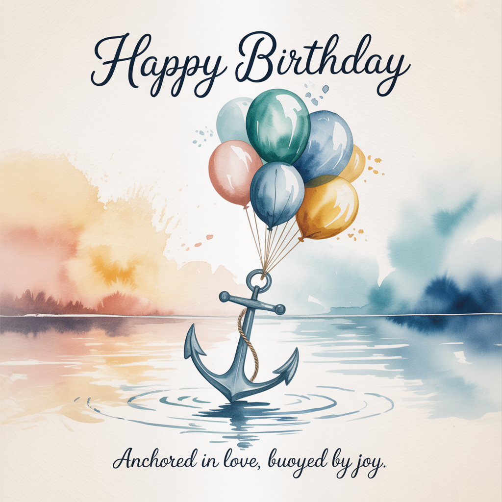 At the top of the Watercolor Style image, "Happy Birthday "

At the bottom of the image, add: "Anchored in love, buoyed by joy."

Create a sincere, airy watercolor scene: a classic ship anchor in soft slate-blue sits centered, painted with translucent washes and gentle, feathery edges. Tied to its shank, a cluster of anchor-shaped balloons floats upward—sea-glass hues of teal, misty blue, blush coral, and warm gold, with tiny white watercolor highlights for sheen. The sky behind fades from a peach-tinted dawn into pale cerulean, with subtle pigment blooms and natural cold-press paper texture visible. A suggestion of calm water ripples at the base of the anchor, softly granulating into the page. Keep composition spacious with delicate gradients and quiet glow, emphasizing calm, heartfelt warmth. The headline is hand-lettered in elegant navy brush script; the bottom line in a smaller, gentle script, both integrated as watercolor text.
Generated with these themes: Ship anchor , Anchor shaped balloons, and .
Made with ❤️ by AI.