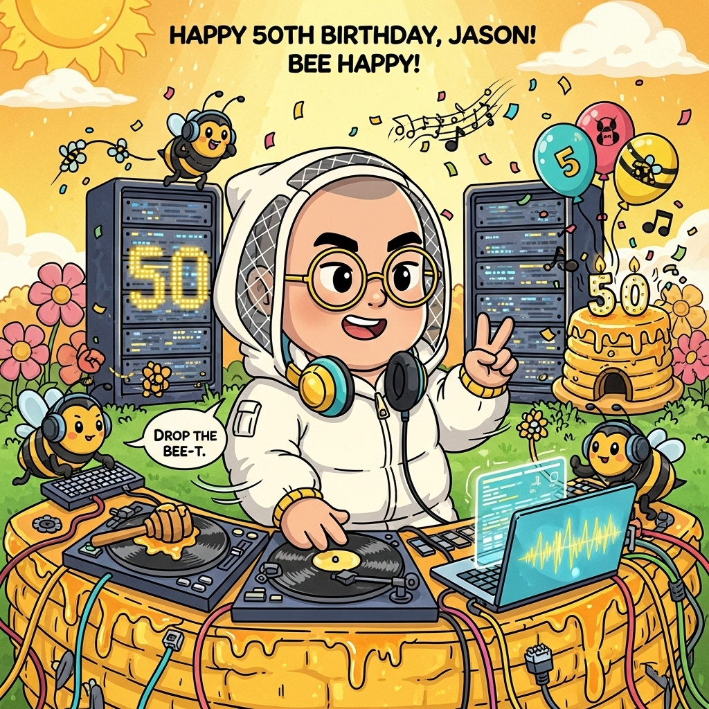 A bald Asian guy with glasses in a beekeeper suit who is also an IT technician and music producer , and Birthday Card