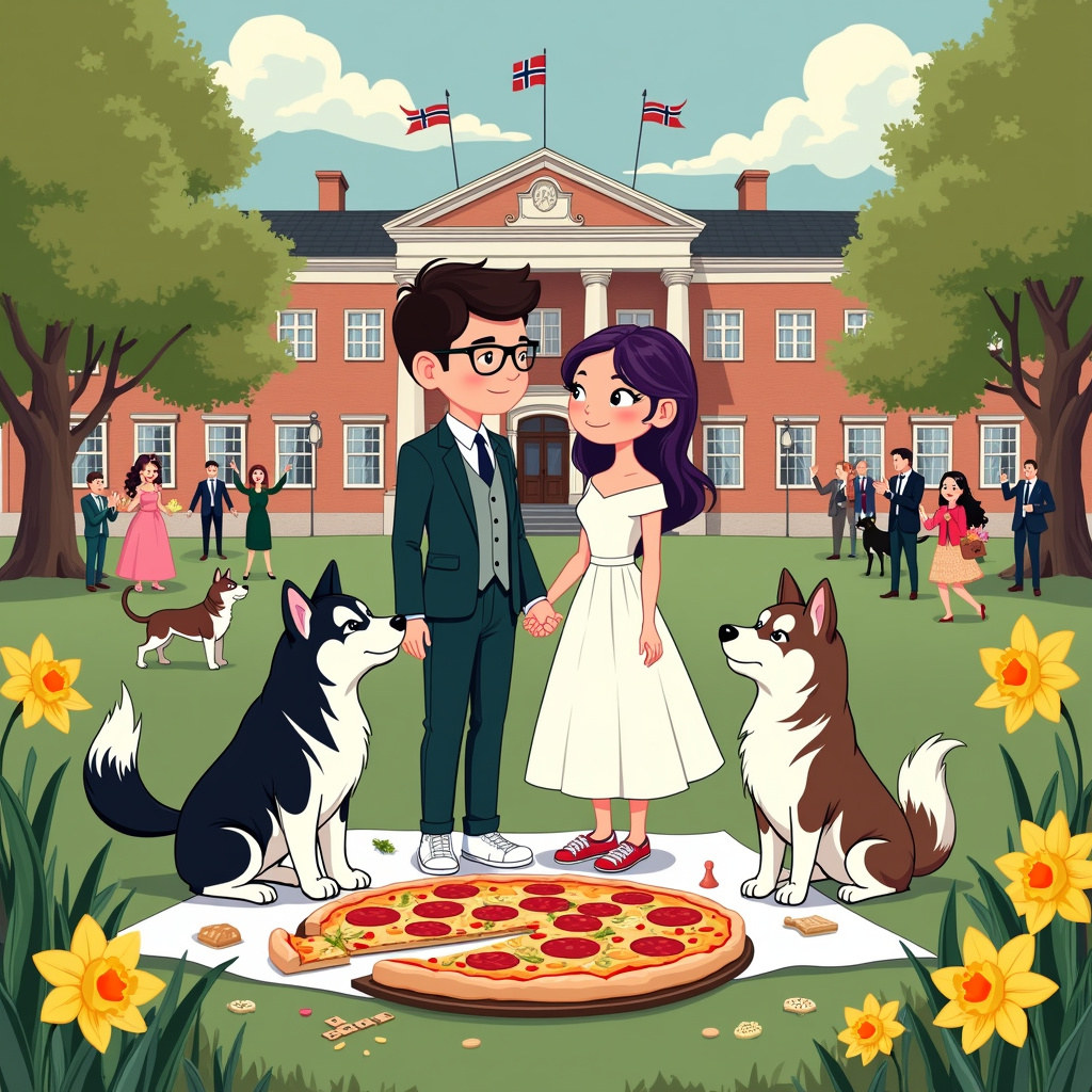 Black and white female Malamute with fluffy tail, Brown and white female Malamute with fluffy tail, Copenhagen , Dark haired groom with glasses, wearing dark green trousers , white shirt and dark blue jacket , Purple haired bride, with her hair up. Wearing short length white dress with short sleeves and white trainers. , Fredriksberg Town Hall  , Heart shaped Pizza , Board games , Danish flag , Daffodils , and Family Wedding Card