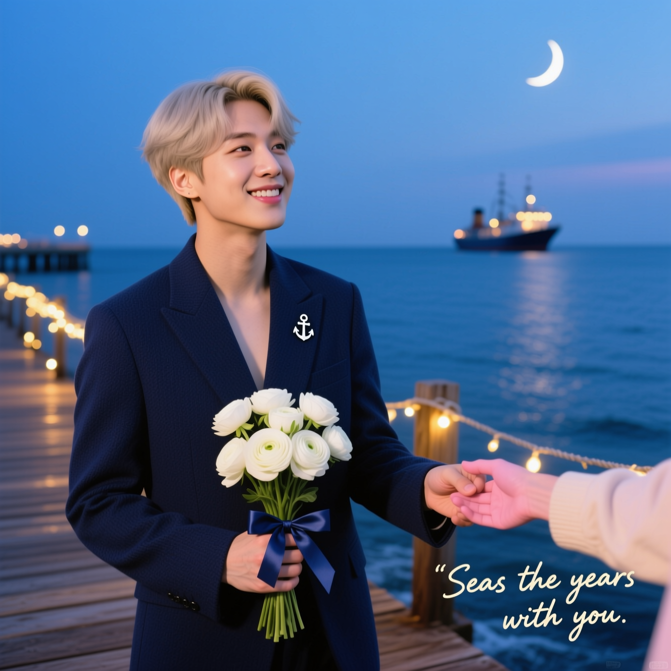 Ultra‑high‑definition 4K photorealistic portrait, camera‑shot look: Jimin (K‑pop star) on a wooden seaside pier at blue hour, wrapped in soft navy twilight and warm fairy‑light bokeh. He wears a tailored navy suit with a subtle silver anchor lapel pin; soft ash‑blond hair, gentle smile, eyes sparkling; lifelike skin texture. He holds a small bouquet of white ranunculus tied with a navy ribbon as a partner’s hand enters frame to pinky‑promise with him. Background: calm indigo ocean, distant ship lights, faint crescent moon; color palette deep navy, indigo, cream, with golden highlights. Cute, affectionate mood. Ultra‑real textures: wool fabric weave, hair strands, wood grain, tiny sea mist sparkle; realistic shadows and reflections. Composition: portrait orientation, rule of thirds, generous negative space to the left and above for atmosphere. Optics and lighting: 85mm lens, f/1.8, ISO 200, 1/200s, natural blue‑hour light with soft rim from string lights, shallow depth of field and rich creamy bokeh; eyes in pin‑sharp focus. Add a small, elegant handwritten cream‑ink caption in the lower right (keep it subtle and legible): “Seas the years with you.” No other text, no watermark, cinematic yet candid.
Generated with these themes: Jimin, Navy, and .
Made with ❤️ by AI.