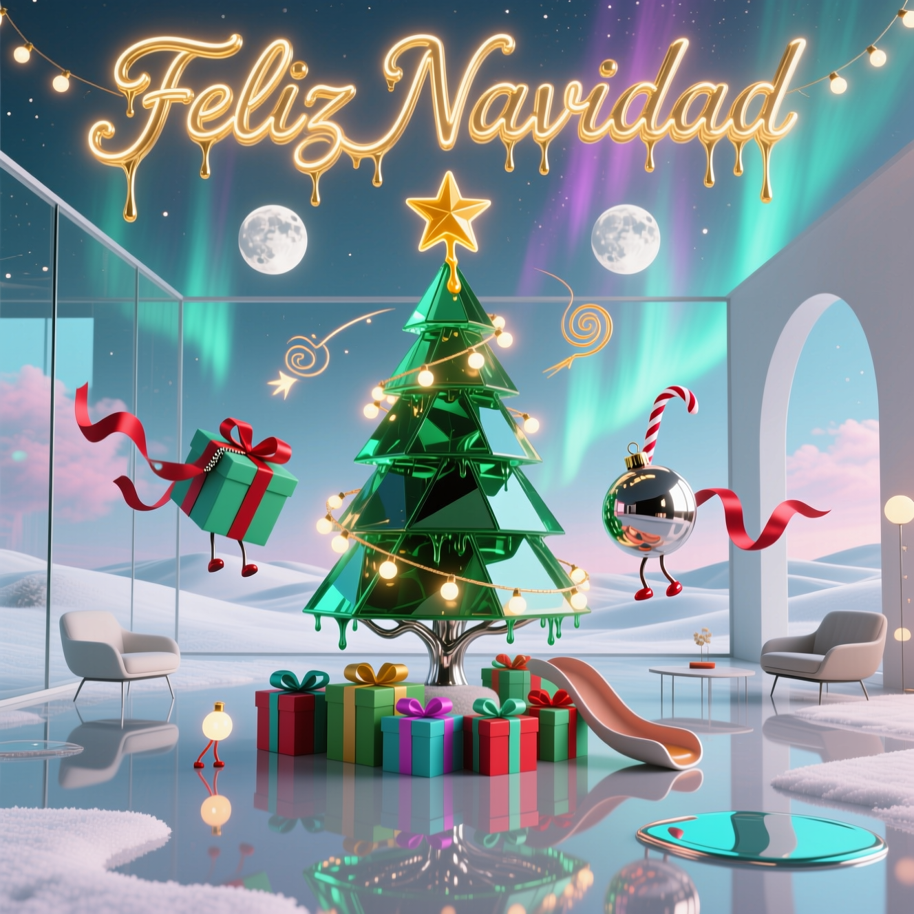 At the top of the Surreal Style image, "Feliz Navidad" in glossy chrome–neon script, gently drooping like melted tinsel, glowing warm gold.

A dreamlike, Dali-inspired, moderna scene: a sleek, minimal glass room floating above pearly “liquid snow” dunes under a cotton-candy aurora and twin moons. In the center stands an impossible Árbol de Navidad made of stacked emerald glass triangles and liquid-chrome branches that slowly drip, crowned by a levitating star that oozes light like honey. Whimsical luces spiral around it like tiny comets—bulbs tracing figure-eights and casting buttery halos; a few lights sprout little legs and tiptoe across the mirror-polished floor for a cheeky touch. Regalos gather at the base: geometric presents with Escher angles in candy colors, satin ribbons stretching into Möbius loops; one gift unzips itself mid-air while another’s ribbon forms a slide for a runaway bauble. A chrome ornament casually sips cocoa through a bent candy-cane straw, reflected in the tree’s mirrored skin. Ultra-modern furniture melts subtly into puddles; floating Bauhaus arches frame the scene; clean lines contrast with soft, drippy forms. Palette: jewel greens, cherry reds, pearlescent whites, neon cyan–magenta accents; ethereal lighting with soft volumetric fog, cinematic rim light, and playful bokeh. Camera: low angle, 24mm wide, heroic tree scale, shallow depth of field; hyper-detailed glass/chrome/ribbon textures; painterly–photoreal surrealism with gentle film grain.

At the bottom in small, playful type: “Árbolutamente brillante.”
Generated with these themes: Árbol de navidad, Regalos, Luces, Moderna, and .
Made with ❤️ by AI.