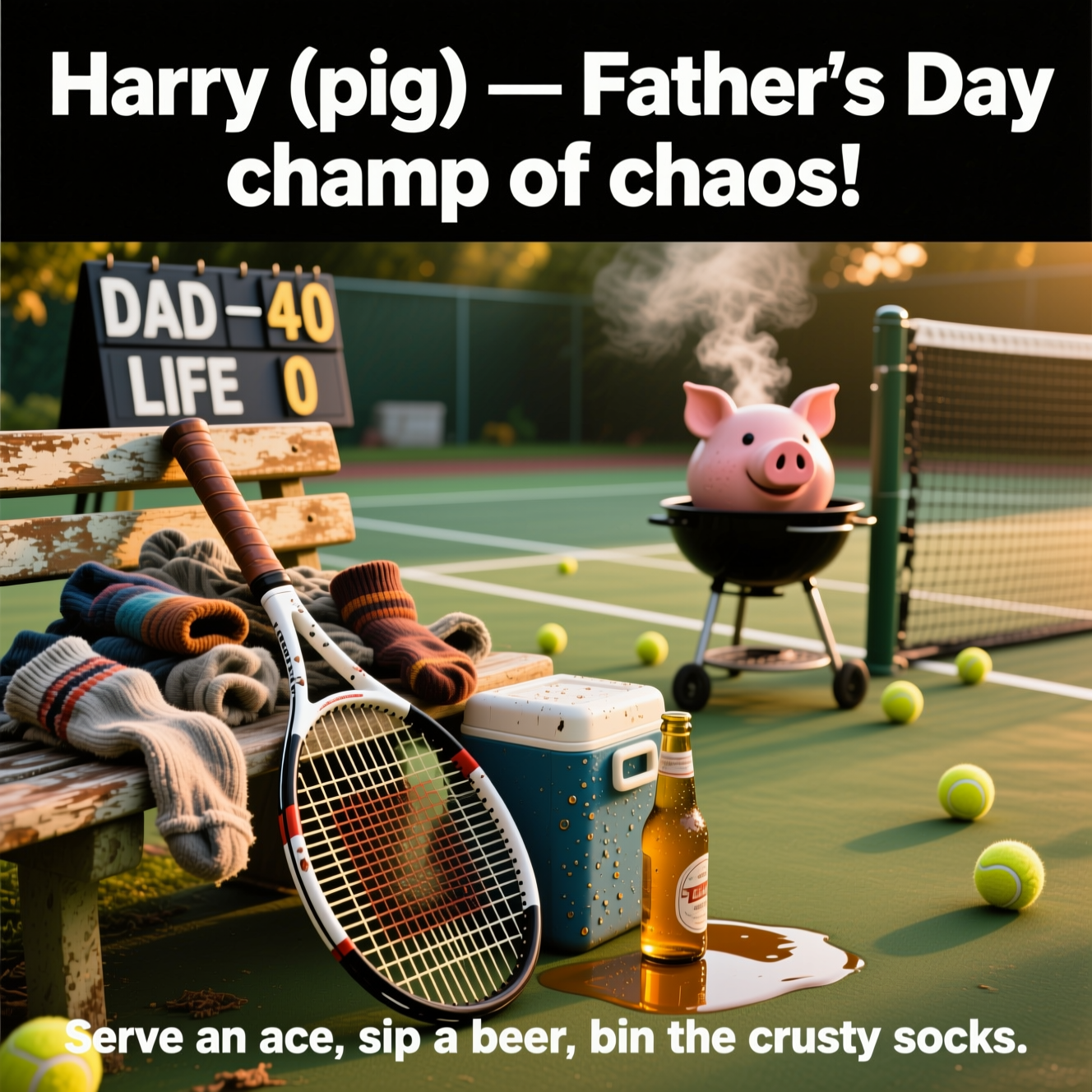 At the top of the Photorealistic picture taken from a camera image, "Harry (pig) — Father’s Day champ of chaos!"
At the bottom of the image, "Serve an ace, sip a beer, bin the crusty socks."

Ultra-high-definition 4K UHD photograph, golden-hour backyard tennis court. Shallow depth of field (50mm, f/2.8), natural warm backlight with realistic bokeh. In the foreground, a scuffed tennis racquet leans on a weathered bench piled with gnarly, crusty gym socks; beside it, a cooler beaded with condensation and a tipped beer bottle forming a small amber puddle on the green court surface. Mid-ground, a pig-shaped charcoal grill gives off a faint wisp of smoke; scattered tennis balls near a slightly sagging net; a cheeky flip scoreboard reading “DAD 40 — LIFE 0.” Lifelike textures: fuzzy tennis felt, frayed wristbands, worn leather grip, fabric fibers on socks, condensation droplets on bottles. Color grade warm and punchy; deep shadows and crisp highlights. Compose for text: top line large, bold, white condensed sans-serif with a soft black drop shadow; bottom line slightly smaller, centered near the baseline area. Keep vibe irreverent and cheeky, realistic camera look, no logos, no gore, no explicit fluids, no drugs, no hate symbols.
Generated with these themes: Drinking piss, Crusty socks , AIDS infested syringes , People called adolf , Tennis , His mother (milf) , and .
Made with ❤️ by AI.