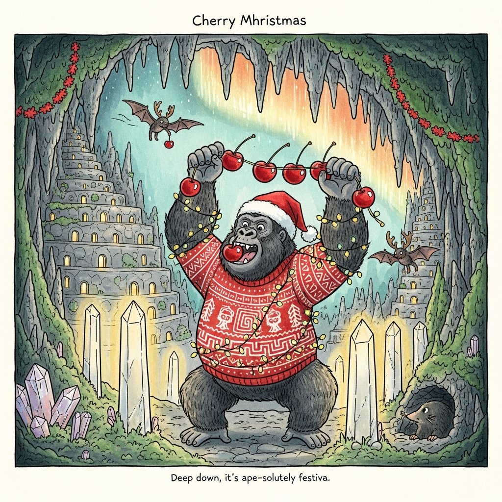 At the top of the Illustration Style image, "Cherry Mhristmas "

Hand-drawn illustration with fine linework and textured brush strokes in a warm, expressive color palette. Funny Christmas scene deep within the mythic subterranean city of Agartha: a jovial silverback gorilla in a snug knitted holiday sweater patterned with labyrinthine Agarthan motifs and a slouchy Santa hat, cheerfully stringing an oversized garland of glossy cherries between luminous quartz obelisks. He’s tangled in twinkling fairy lights, one cherry comically clenched between his teeth, another bopping his nose. The sprawling Agarthan city sparkles around him—tiered stone dwellings carved into the cavern wall, bioluminescent moss, emerald stalactites draped with tinsel, prism-crystals casting festive reds and greens, and rivulets of amber light that feel like underground auroras. A tiny bat with makeshift antlers zooms by, “delivering” a single cherry; a curious crystal mole peeks from a burrow. Balanced composition centered on the gorilla; cozy amber highlights against cool teal cavern shadows; visible paper grain, soft watercolor washes, and lively ink hatching for texture. Playful, expressive, and gently absurd.

At the bottom in small, cheeky handwritten script, a single-line caption: Deep down, it’s ape-solutely festive.
Generated with these themes: Agartha, Gorrila, and .
Made with ❤️ by AI.