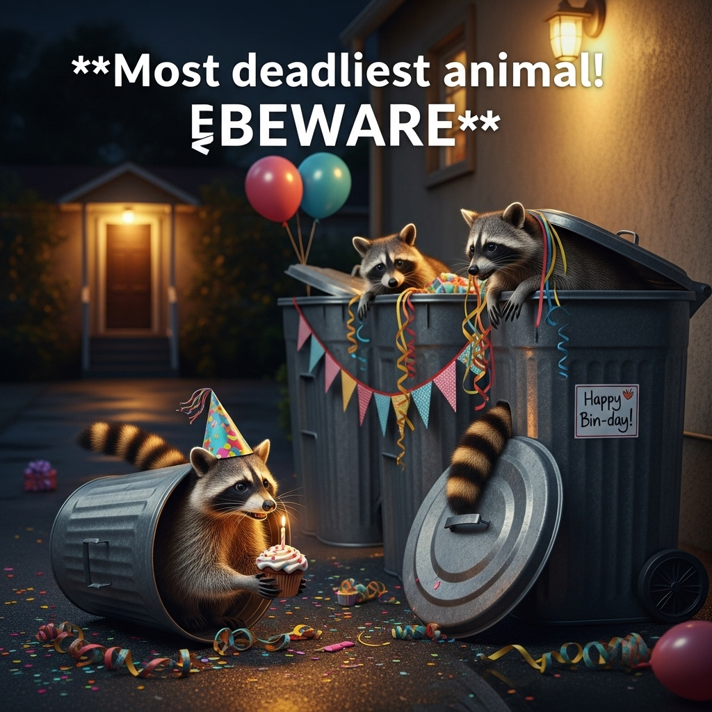 At the top of the Photorealistic picture taken from a camera image, "Most deadliest animal! BEWARE"

Ultra-high-definition 4K UHD, photorealistic vertical portrait photograph with accurate lighting, lifelike textures, and rich depth of field. Nighttime suburban alley/backyard: a row of dented metal trash bins with lids askew on wet asphalt. Three raccoons mid–birthday heist—one pops out of a bin wearing a crooked paper party hat, frosting on its nose, clutching a stolen cupcake with a lit candle; another raccoon peeks from a neighboring bin tangled in streamers, gripping a balloon string; a third raccoon’s striped tail hangs out of a bin as it dives for loot. Colorful confetti, ribbon, and gift wrap scatter the scene; a droopy strip of bunting hangs between bins (no readable words). Warm glow from a wall-mounted security light contrasts with cool moonlight; subtle on-camera flash adds crisp catchlights in raccoon eyes and glossy highlights on metal lids. Focus on the cupcake raccoon, background softly blurred with porch-light bokeh. On the front of one bin, add a small cheeky sticker that reads: "Happy Bin-day!" in playful hand lettering. Clean, natural color grade; funny, mischievous mood. Shot details: full-frame camera, 35mm lens, f/2.8, ISO 800, 1/125s. Bold, clean white top text with a slight drop shadow for legibility against the night sky.
Generated with these themes: Raccoons in bins , and .
Made with ❤️ by AI.