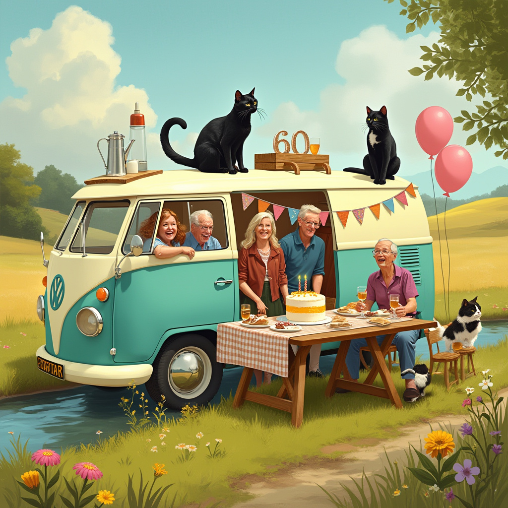 In a whimsical and vibrant meadow setting, a charming, retro camper van takes center stage, adorned in pastel shades of turquoise and cream, reminiscent of Norman Rockwell's nostalgia. The van is parked beside a meandering brook, its windows open to reveal festive bunting hanging inside, flapping gently in the breeze. The family, a jovial group of characters in their early sixties, are gathered around a rustic wooden table set outside the van, which is cheerfully decorated with a gingham tablecloth, plates of sandwiches, and a grand, tiered birthday cake topped with a sparkly "60" candle. The family members are captured mid-laughter, their joy contagious and reminiscent of the lively spirit found in Quentin Blake's work. Nearby, two mischievous cats are the stars of this celebratory scene: a sleek black cat elegantly balances on the roof of the camper van, casting a curious glance at the festivities below, while a fluffy black and white cat playfully bats at the balloons tied to the van's side mirror. On the table, a pitcher filled with golden cider bubbles invitingly, next to cider glasses that catch the sunlight, casting dancing reflections on the tabletop. Surrounding the scene are gentle hills and wildflowers swaying gently, inspired by Beatrix Potter's enchanting landscapes, completing this idyllic birthday celebration that blends family warmth with a sense of magical realism.
Generated with these themes: Camper van, Family, Black cat , Black and white cat , Cider, 60th birthday , and Laughter .
Made with ❤️ by AI.
