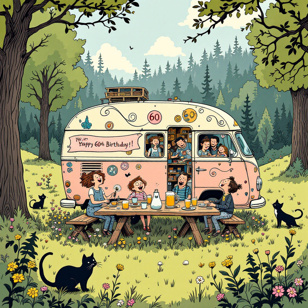 In a whimsical, enchanting forest clearing, a vintage, pastel-hued camper van rests on a bed of wildflowers. Its exterior is adorned with a playful mix of vibrant stickers and hand-painted swirls reminiscent of Aubrey Beardsley's elegant lines. A large banner draped across the side of the van declares "Happy 60th Birthday!" in a font that echoes Edward Gorey's eccentric lettering. Surrounding the van is a lively family gathering, each member depicted in Quentin Blake's characteristic energetic style, their laughter captured in exuberant lines and vibrant colors. They are seated at a rustic wooden picnic table, where a jug of cider with frothy, golden liquid and several mismatched cups invite cheerful toasts. Two playful cats, one completely black and the other black and white, weave through the table's legs. The black cat bats at a fallen dandelion seed, while the black and white cat stretches languidly on a sun-dappled patch of grass. The background reveals a tapestry of towering trees with a hint of Maurice Sendak's fantastical touch, while N.C. Wyeth's influence is evident in the rich, warm tones of the scene. The branches above cradle strings of fairy lights, their soft glow twinkling like stars as day turns to dusk. A lone, sturdy oak tree at the clearing's edge is carved with the initials of family members, an Arthur Rackham-inspired nod to timeless bonds. A gentle breeze rustles the leaves, scattering petals across the scene, completing this joyful, celebratory tableau.
Generated with these themes: Camper van, Family, Black cat , Black and white cat , Cider, 60th birthday , and Laughter .
Made with ❤️ by AI.