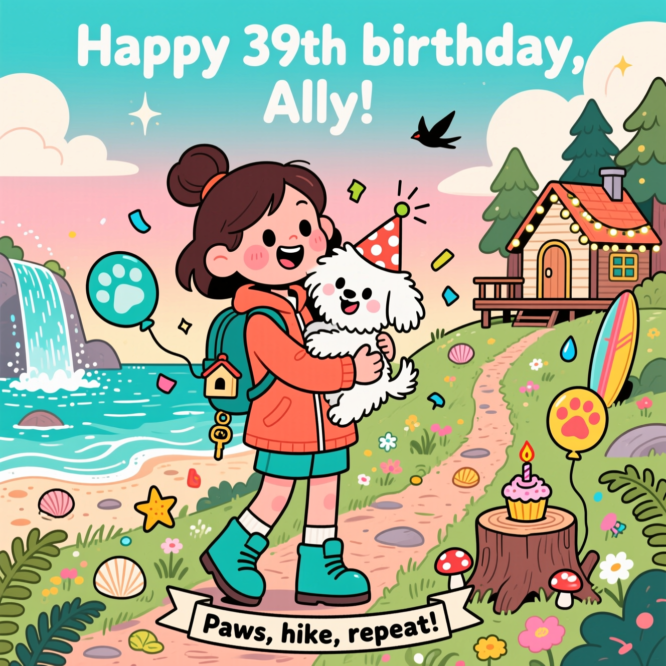 Woman with dark brown hair pulled back in a bun and no bangs, holding a small white fluffy Maltese terrier. The woman loves nature, hiking, waterfalls, beaches and staying in tiny homes. , and Birthday Card
