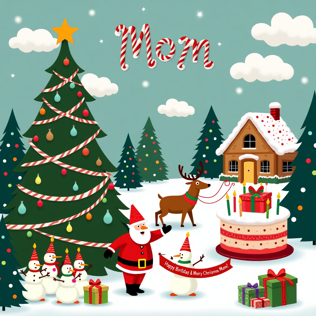 Picture a whimsical winter wonderland, where Christmas and birthday festivities hilariously collide. The scene unfolds in a snowy village bustling with quirky, playful characters. Front and center, a towering evergreen Christmas tree is whimsically adorned with oversized birthday candles instead of the usual ornaments, their flames flickering joyfully. Beneath the tree, a group of snowmen are throwing a birthday party for Santa, complete with party hats and noisemakers, their carrot noses pointing in excitement. 

Nearby, Santa, jolly as ever, is perched on a giant, candy-striped birthday cake, happily blowing out the candles. The cake is vibrantly decorated with red and green icing swirls, and a banner stretched across its base reads "Happy Birthday & Merry Christmas, Mom!" in playful, looping letters. Above, reindeer are playfully pulling a sleigh filled with wrapped presents, but these presents have cheeky birthday wrapping paper with festive bows.

In the background, a cozy gingerbread house is nestled amidst snow-draped pine trees. The house's roof is adorned with peppermint candies, and multicolored gumdrops line the path leading to the front door, welcoming visitors to this enchanting celebration. Overhead, the sky is filled with fluffy clouds shaped like balloons and party streamers, and written in the clouds, as if by magic, is the word "Mom" twinkling softly in the wintry twilight. 

Each element of the scene combines the joy of a birthday with the magic of Christmas, creating a unique and entertaining landscape that leaps off the card with festive delight.
Generated with these themes: Christmas mixed with birthday.
Made with ❤️ by AI.