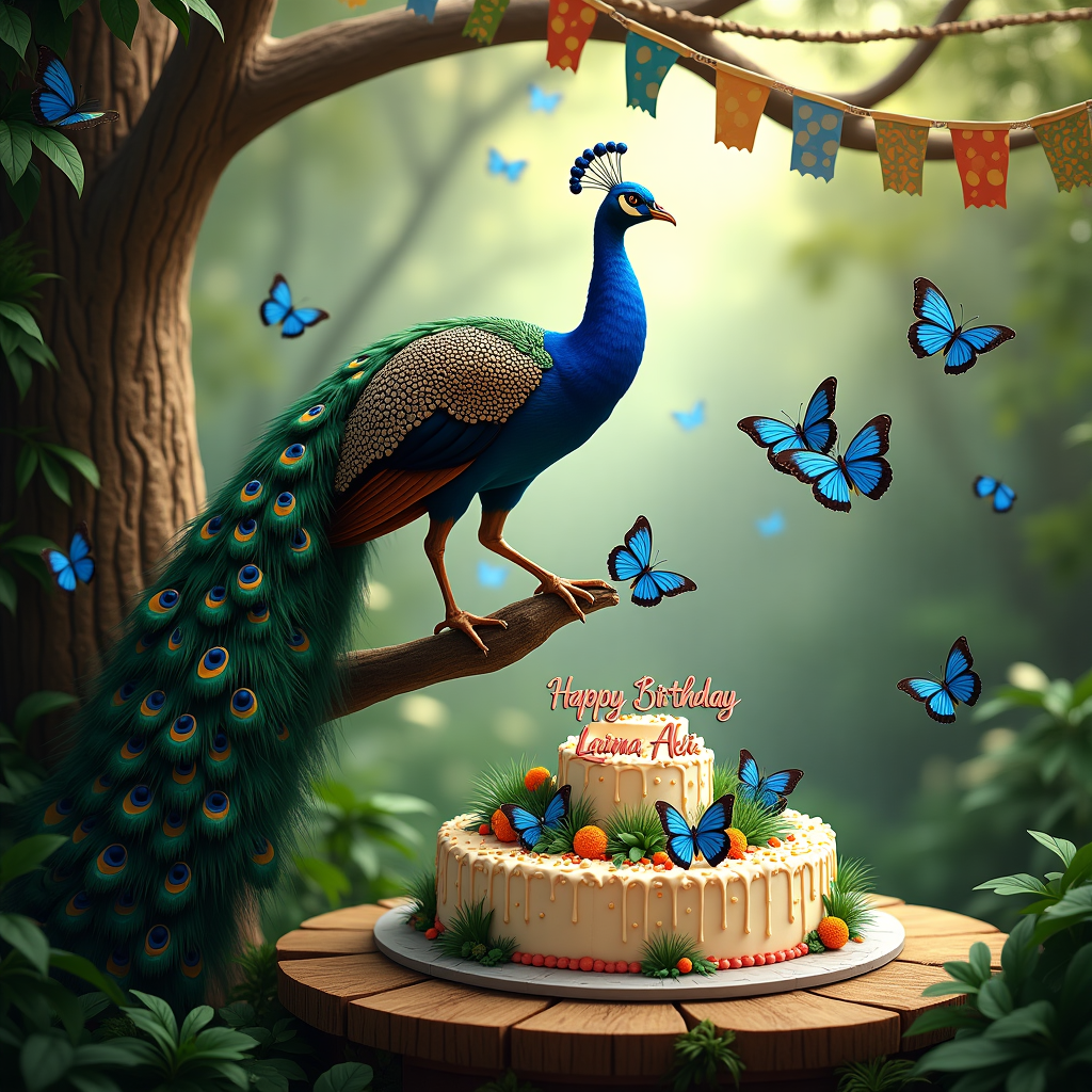 In a lush, vibrant jungle setting, a majestic peacock with iridescent feathers in shades of blue, green, and gold stands proudly on a sturdy tree branch. Its elegant tail feathers cascade like a shimmering waterfall, adorned with striking eye patterns that seem to wink playfully at the viewer. Nearby, a cluster of Blue Morpho butterflies flutter gracefully, their brilliant blue wings glinting in the dappled sunlight filtering through the canopy above. Each butterfly seems to carry a tiny sparkle of magic in its flight, dancing around the peacock in a delicate ballet. Below them, a large, ornately decorated birthday cake sits on a rustic wooden table, crafted to look like a miniature landscape with edible flowers and leaves. Atop the cake, formed out of delicately piped frosting, are the words "Happy Birthday Laima Ali" elegantly written in a sweeping cursive script. To complete the scene, strings of festive banners crisscross the branches above, featuring colorful flags with patterns echoing the peacock's feathers and the butterflies' wings, adding a celebratory touch to this enchanting moment in nature.
Generated with these themes: Peacock, and Blue Morpho Butterfly.
Made with ❤️ by AI.