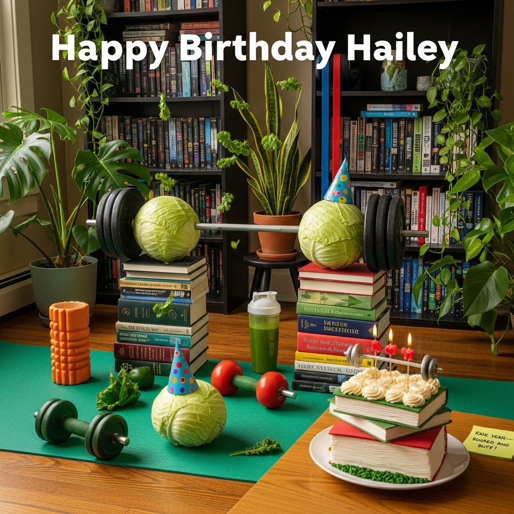 At the top of the Photorealistic picture taken from a camera image, Happy Birthday Hailey

Ultra-high-definition 4K UHD portrait photo, crisp, lifelike textures, accurate natural window light, shallow depth of field. A cozy, sunlit living-room reading nook turned home gym: a jade-green yoga mat on warm wooden floors; a DIY “barbell” made from a wooden dowel with two giant cabbages as weight plates, racked across two sturdy stacks of hardcover books; cucumber dumbbells with cherry-tomato endcaps; a resistance band draped over the bookshelf; a foam roller leaning nearby; a stainless shaker bottle half-filled with vibrant green smoothie. On a low table, a vegan birthday cake disguised as a stack of books with vegan buttercream “pages,” topped with tiny lit candles shaped like mini barbells; a goofy paper party hat perched on one cabbage. Bookshelves overflow with paperbacks and lush potted plants (monstera, snake plant, trailing pothos). Kale-leaf confetti floats midair, frozen sharply, adding celebratory motion.

Camera style: full-frame DSLR look, 35mm lens, f/2.8, ISO 200, 1/250s; eye-level angle; rich depth and soft bokeh. Textures pop: dew on produce, wood grain, frosting swirls, fabric weave of the mat; warm, cozy palette with vivid greens and pops of color. Top message set in a friendly bold white sans-serif, centered with a soft shadow for legibility.

Add one small, cheeky caption as in-world text: a yellow sticky note pinned to the lower-right shelf reading “Kale yeah—booked and buff!” in casual black marker. No other legible text (book spines show non-readable details only). Funny, wholesome, plant-powered vibe.
Generated with these themes: Vegan, books, home fitness, , and .
Made with ❤️ by AI.