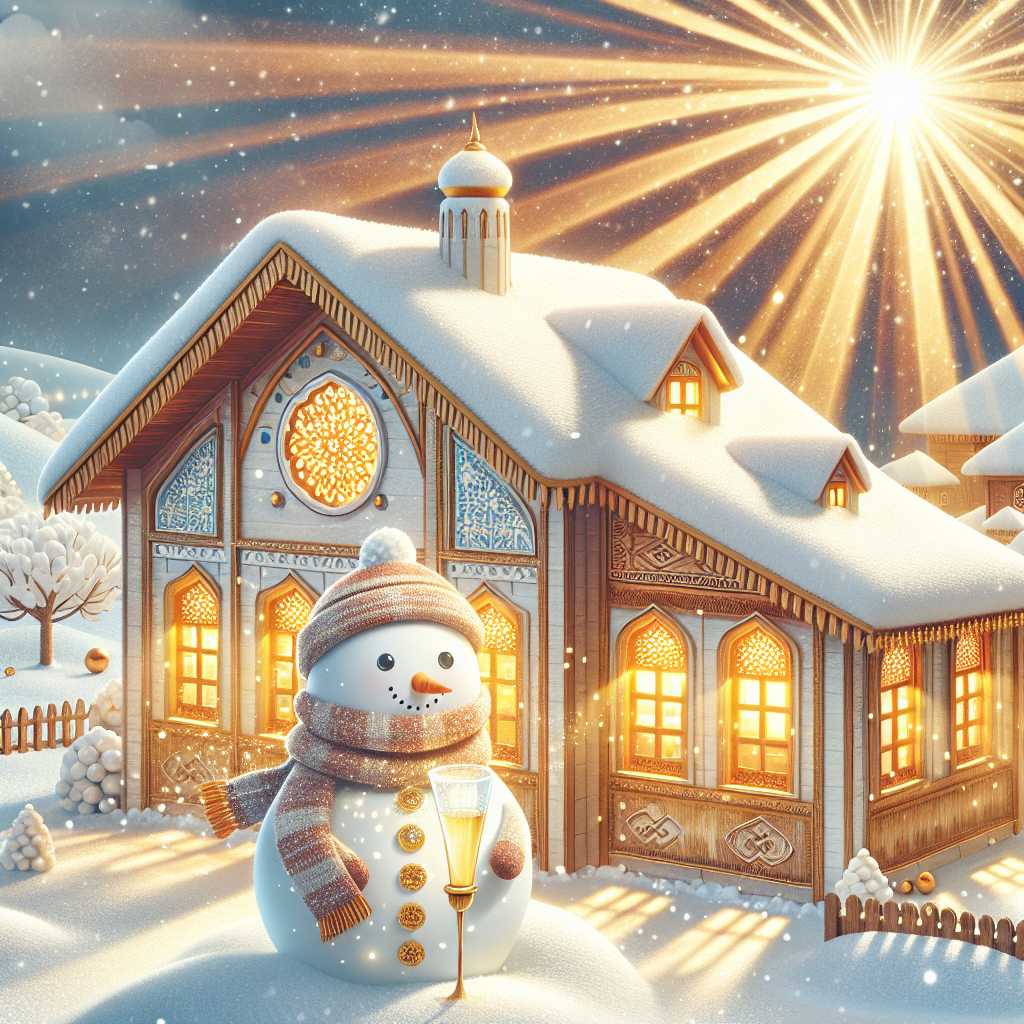 A whimsical Christmas-themed illustration depicts a cozy, snow-covered cottage with golden light spilling from its windows onto the pristine snow outside. At the forefront, a cheerful snowman, sporting a festive scarf, holds a delicate glass of sparkling champagne, a nod to celebration and merriment.
Generated with these themes: Champagne.
Made with ❤️ by AI.