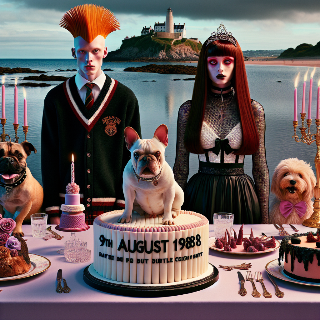 In a Surreal Realistic setting, a birthday party enfolds by the seaside where the salty air intertwines with a heightened sense of elegance with an unexpected eeriness. At the center, there is a French bulldog named Charlie, wearing a petite hoodie, oddly complementing a tall, thin man of Caucasian descent with ginger mohawk hair who shares his eclectic taste in music. The decorations blend horror with luxury, tables ornate with plush tablecloths and desserts designed to mimic body parts, unsettling yet executed with the finesse of a skilled patissier. The date '9th August 1989' is carved onto an exquisitely bizarre cake as a reference to the host's birth year. Nearby, a striking young woman of Hispanic descent, embodied in goth style, shows off her long brown hair with crimson highlights, her vibrant eye makeup reflecting the party's juxtaposition of glamour and the macabre.
Generated with these themes: French bulldog called charlie, Horror movies, Seaside, Luxurious and elegant Desserts made from body parts, 9th august 1989, Tall skinny ginger man with a mohawk in a rammstein hoodie, and Pretty goth girl with long brown hair with red streaks amd colourful eye makeup.
Made with ❤️ by AI.