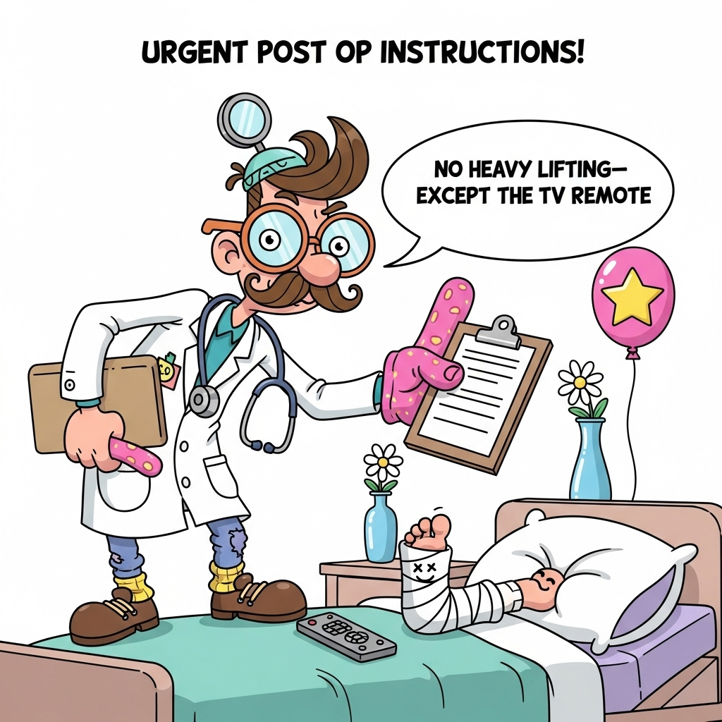 At the top of the Cartoon Style image, Urgent post op instructions!

Playful, bright, and cheeky cartoon scene in a hospital room. Center stage: a funny-looking doctor with wildly exaggerated features—huge round glasses magnifying kind eyes, a teeny head mirror perched crookedly, a poofy zigzag of hair, a curly mustache, and a comically long stethoscope tangled around their neck. They lean in with an energetic pose, holding a gigantic clipboard and pointing at it with a comically oversized foam finger. Their lab coat is too big, sleeves flopping, socks mismatched, shoes cartoonishly chunky. Thick black outlines, saturated colors (teals, sunshine yellow, bubblegum pink, lilac), and simple, soft shading.

In the foreground, a cozy hospital bed with a mound of pillows and one goofy foot in a cast peeking out (smiley doodle on the cast), plus a TV remote on the blanket. Nearby: a vase with a single daisy and a helium star balloon. Background props are minimal and soft to keep focus on the characters—no realistic medical detail, no needles, no blood.

Add one playful text line inside a big white speech bubble from the doctor: No heavy lifting—except the TV remote.

Vertical composition, large character focus, clean negative space, crisp vector feel, whimsical energy. Avoid extra text, watermarks, or clutter.
Generated with these themes: Urgent post op instructions!, Funny looking doctor , and .
Made with ❤️ by AI.