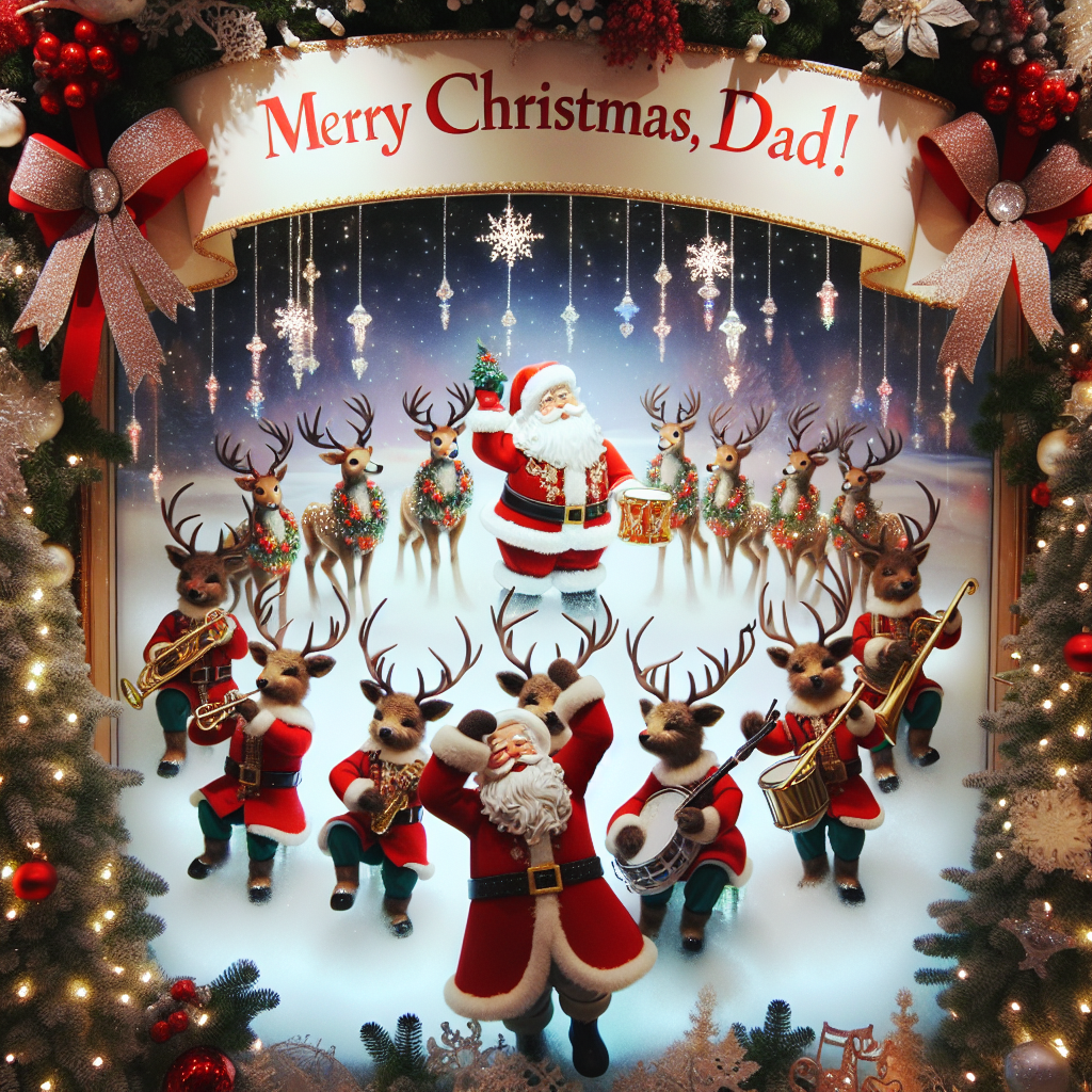 A whimsical illustration featuring a group of jovial reindeer playing musical instruments, with Santa as the conductor. Christmas trees and colorful lights frame the scene while snowflakes gently fall. In the forefront, a banner drapes with the text 'Merry Christmas, Dad!' in festive script.
Generated with these themes: Christmas, and Music.
Made with ❤️ by AI.