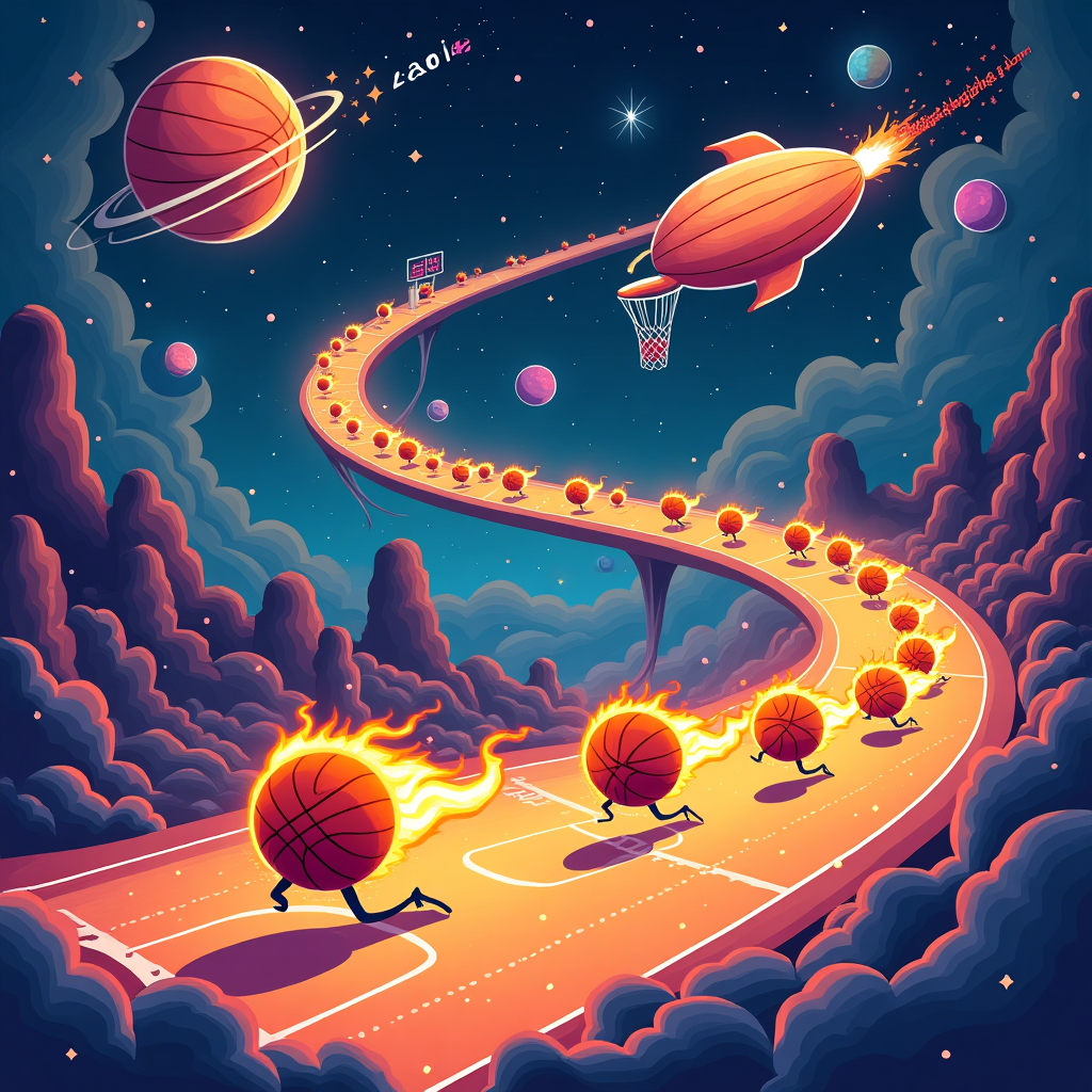 **Prompt:**

At the top of the vector image, "Thanks for coaching us through space-time, Coach Adam!"

Create a surreal, dreamlike vector image in a clean, bold illustrative style. In the center, a group of flaming basketballs with comet tails blaze a glowing trail across a vast galaxy-court floating in deep space. Each ball is being expertly dribbled by members of the U14’s Blazers team — who have lightbulb heads glowing with ideas — running across a twisting court that curls like a Mobius strip through stars and nebulas.

Towering alien slam-dunk hoops sprout from cratered moons, and cosmic sneakers float by on clouds shaped like whistle bursts. A surreal scoreboard hangs from a floating blimp shaped like a referee’s whistle, showing “Infinite Thanks, Coach Adam!”

Planets in the shape of basketballs orbit in the background, and friendly robot mascots shoot sparks of gratitude in colorful fireworks spelling “Trailblazing Legend!” Add playful detail like shooting stars trailing behind the players spelling out the names “Blazers U14.” Let the colors be bold, vector-smooth and intergalactic—neon oranges, galaxy purples, and space silver.

Keep the whole image imaginative, slightly bonkers, but heartfelt — the essence of surreal thanks from young trailblazers.
Generated with these themes: Trailblazers, Basketball , and U14’s Blazers.
Made with ❤️ by AI.