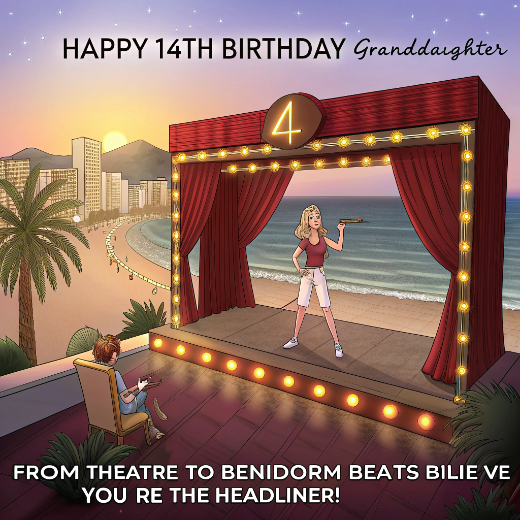 At the top of the Photorealistic picture taken from a camera image, "Happy 14th  Birthday Granddaughter"

At the bottom of the image, "From theatre to Benidorm beats—billie-ve you’re the headliner!"

Ultra-high-definition 4K UHD, photorealistic scene at golden hour on Benidorm’s beachfront promenade: the Mediterranean glitters behind a pop-up open‑air theatre stage with red velvet curtains, vintage marquee bulbs, and warm footlights. Center stage, a teenage performer in playful Billie Eilish-inspired fashion (oversized neon‑green hoodie, black cargo pants, chunky sneakers, subtle lime‑green streaks in hair, layered silver chains) strikes a triumphant mic‑drop pose. Confetti cannons burst lime and teal, and “1” and “4” chrome balloons shimmer beside the mic stand. A sunburnt holiday crowd cheers from beach chairs; a foam finger reading “14” waves; a cheeky seagull perches on a spotlight wearing a tiny stage manager headset; a grinning granddad side‑stage in a headset cues the lights; a lifeguard holds a theatre “Quiet Please” paddle for laughs. Accurate lighting mixes warm stage glow with cool sea tones; shallow depth of field (50mm, f/2) gives creamy bokeh on the marquee bulbs; lifelike textures on sand, curtains, metal rigging, fabric weaves, and mic cable.

Text styling:
- Top headline: big, bold, clean white sans‑serif with a soft drop shadow for legibility over sky/curtains.
- Bottom punch-line: playful neon‑green handwritten script with a subtle glow, aligned center above the footlights.
Generated with these themes: Performing Arts, Theatre,Benidorm,Billie Eilish, and .
Made with ❤️ by AI.