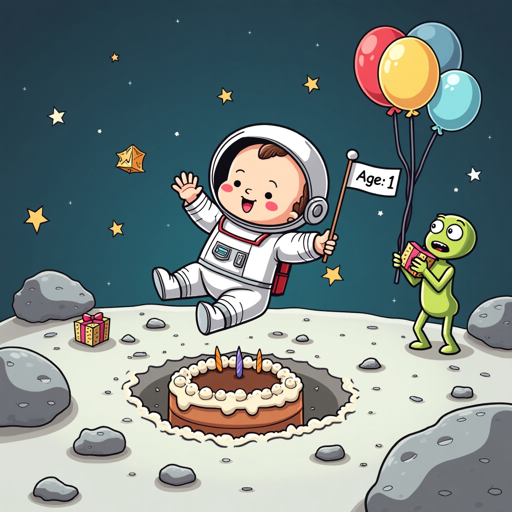 **Prompt for the Image:**

At the top of the cartoon image: "Max's Primo Compleanno – One small smash for cake, one giant leap for baby-kind!"

Create a funny, cartoon-style scene of a baby dressed as a pint-sized astronaut (with an oversized space helmet wobbling on his head), floating on the moon with a squashed birthday cake under his feet like he just landed on it. Moon rocks are shaped like pacifiers and teething toys, and there's a little flag that says “Age: 1” sticking out of the cake crater. A confused alien holding a wrapped gift watches from behind a crater while floating balloons drift by in space. Make it vibrant, colorful, and playfully chaotic, like a zero-gravity birthday party gone delightfully wrong.
Generated with these themes: Primo Compleanno.
Made with ❤️ by AI.