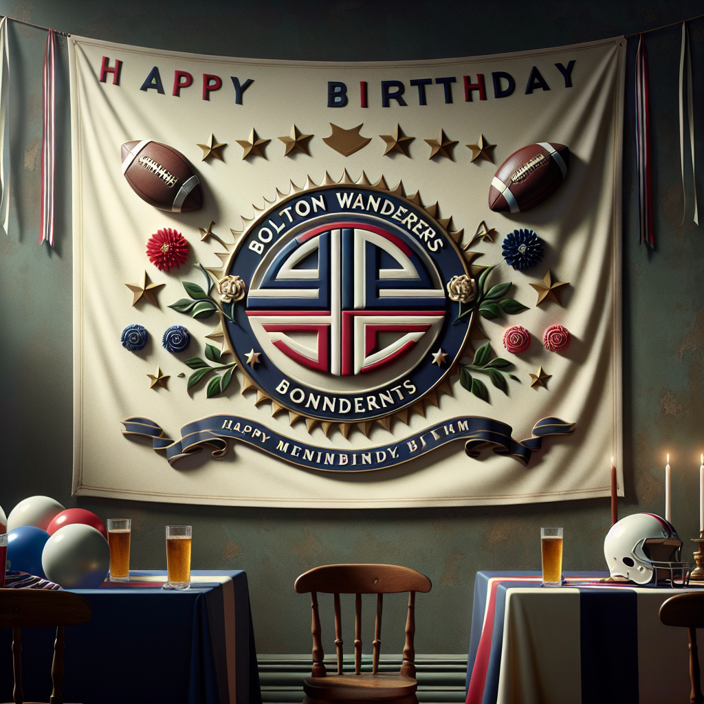 A solemn, realistic birthday scene unfolds with a subtle color palette that evokes the earnestness of the day. A tastefully designed banner proudly strung across the room showcases iconic American sports, skillfully intertwining symbols of football laces and baseball stitches with vibrant stars and stripes. As a centerpiece, a carefully crafted emblem that designates commendation to a storied football club, heavily inspired, yet distinct, from the Bolton Wanderers' emblem. This restrained celebration, exuding an air of quiet passion for sports and national pride, creates an atmosphere that is simultaneously reflective and festive.
Generated with these themes: Football, Baseball, America, and Bolton Wanderers.
Made with ❤️ by AI.