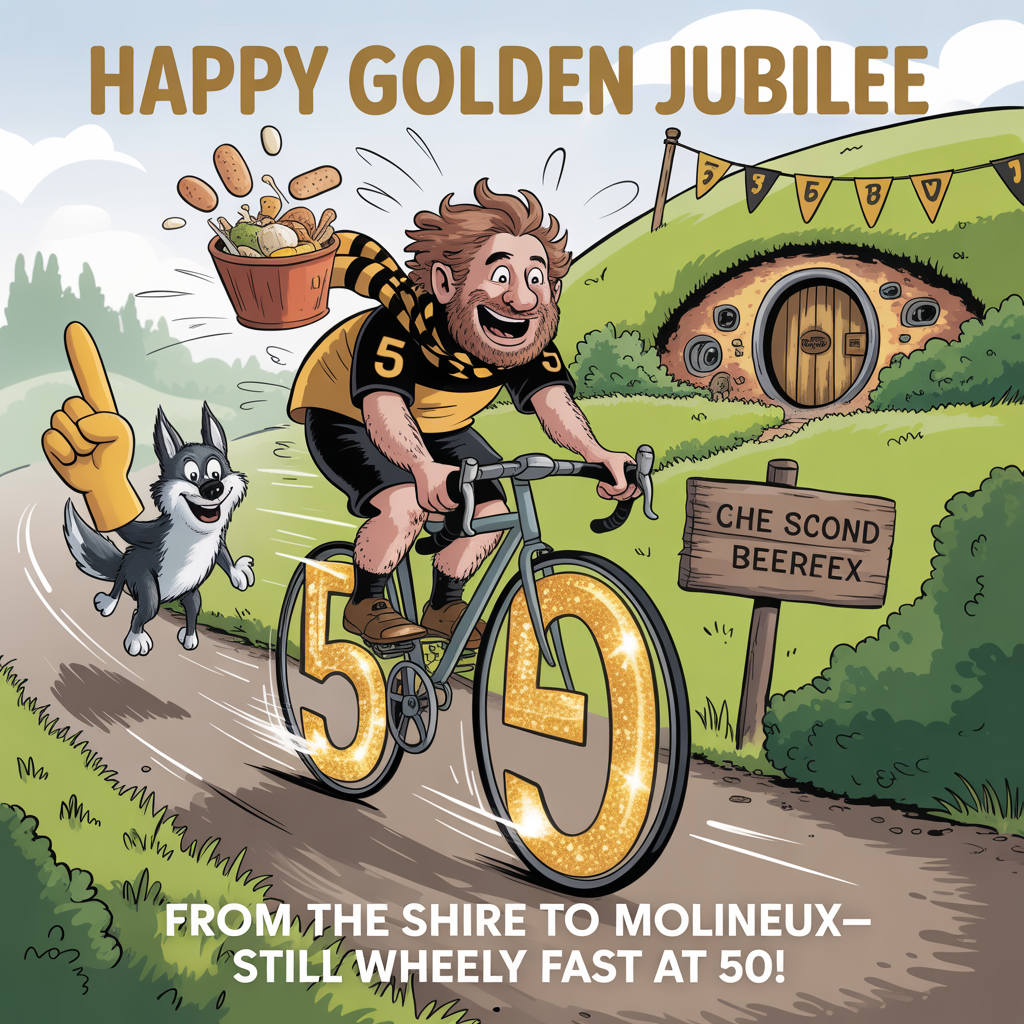 At the top of the Cartoon Style image, "Happy Golden Jubilee"

At the bottom of the image, "From the Shire to Molineux—still wheely fast at 50!"

- Center scene: A beaming hobbit with oversized hairy feet and a curly mop of hair, in an old-gold and black Wolverhampton Wanderers–themed cycling jersey and scarf, tearing along on a cartoon road bike. The wheels are shiny golden numbers “5” and “0,” sparkling as they spin. Exaggerated motion lines and a flying scarf add energy.
- Comedy props: A handlebar basket stuffed with “second breakfast” goodies (teapot, sausages, a chunky sandwich) bouncing cheerfully. A friendly cartoon wolf in old-gold-and-black jogs alongside with a big foam finger shaped “50,” cheering.
- Background: Rolling, lush green shire-style hills with a round-doored hobbit hole. Bunting in old gold and black flutters around the door. A wooden signpost points two ways: “Molineux” and “The Shire.” A cheeky speed sign reads “50.”
- Color and style: Bright, saturated palette; thick black outlines; playful, whimsical proportions; dynamic, energetic poses. Old-gold confetti sprinkles the sky under a bold blue backdrop.
- Typography: Top headline in bold, bubbly old-gold letters with a chunky black outline; bottom punchline in crisp white with an old-gold outline for contrast. Leave clear space so the text pops.
- Note: Use Wolves-inspired colors and a generic wolf emblem vibe—no exact club logos.
Generated with these themes: 50th, Hobbit, Wolverhampton Wanderers Football Club, Cycling , and .
Made with ❤️ by AI.