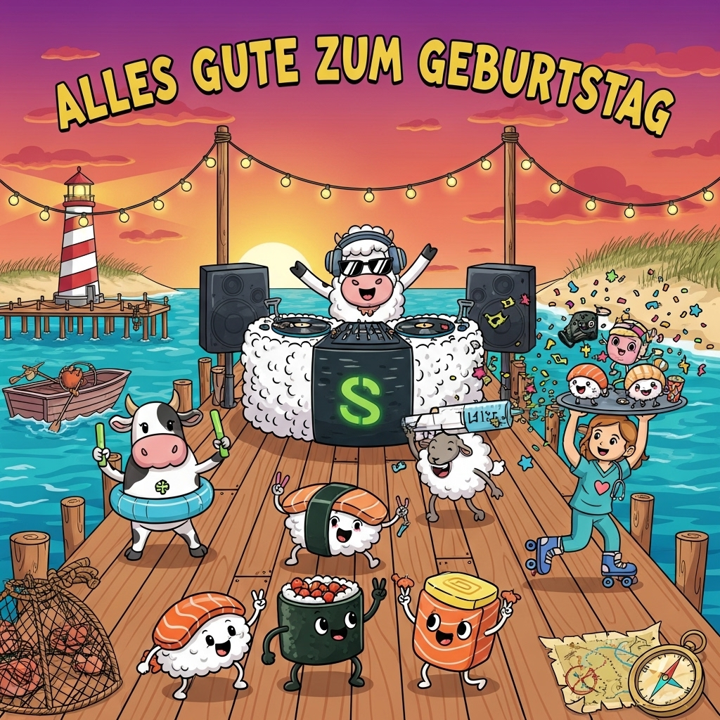 At the top of the Cartoon Style image, “Alles gute zum Geburtstag ” in huge bouncy bubble letters with thick black outlines and a bright sunset-to-neon gradient, arched across the sky.

A playful, high-energy cartoon scene on a lively Outer Banks-style pier turned beach-club at dusk:
- Big, wide view of a wooden pier over turquoise waves, with a striped lighthouse beaming in the distance, sea oats and dunes along the shore, and string lights zigzagging overhead. The sky glows magenta-orange into deep purple.
- Center stage: a giant sushi DJ booth shaped like a colossal maki roll, with wasabi-green “vinyl” turntables and soy-sauce sliders. A fluffy sheep DJ with oversized headphones and shades throws a hoof in the air, striking a dynamic, goofy pose.
- The dance floor bounces with cartoon cows and sheep: a cow doing a dramatic “moo-nwalk” with glow sticks, another in floaties shaped like nigiri, a sheep mid–breakdance spin, all with exaggerated heads, tiny limbs, and chunky outlines.
- A cheerful nurse in colorful scrubs and sneakers zips by on roller skates, blasting confetti from a comically oversized syringe labeled only with a heart icon, while balancing a tray piled high with grinning nigiri and maki mascots.
- Anthropomorphic sushi pieces groove along: a salmon nigiri with a headband, a maki roll flashing peace signs, and a tamago waving chopsticks like glow batons.
- Outer Banks adventure vibes sprinkled around: a small skiff tied to the pier with crab pots and a coiled rope, a weathered compass and treasure map with a dotted path (no text), a pelican in a party hat perched on a piling.
- Lighting pops with neon rims and laser beams in cyan and hot pink, a fish-shaped disco ball scattering starry reflections, confetti and bubbles swirling for extra motion.
- Style: thick black outlines, bright saturated candy colors, lively squash-and-stretch expressions, whimsical, energetic poses, slight wide-angle exaggeration for comedic punch.

Optional extra text for humor:
- At the bottom, a small neon ribbon sign reads: “Mooove it & Baa-sh it—let’s roll!”
Generated with these themes: Outer banks TV show, sushi, clubbing, sheep, cows, nurse, and .
Made with ❤️ by AI.