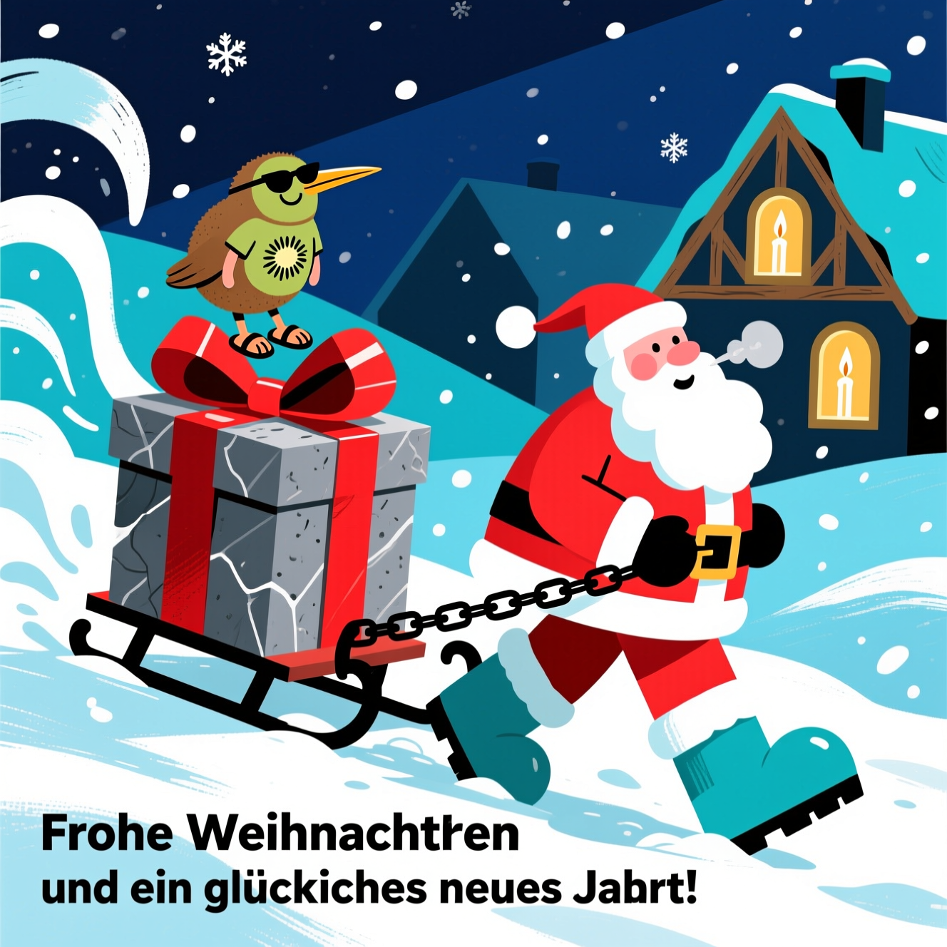 At the bottom of the Abstract Style image, Frohe Weihnachten und ein glückliches neues Jahr!
Vertical, bold abstract winter scene with a funny vibe: dynamic diagonal composition of geometric blocks and flowing curves. Santa Claus is a stylized figure in vivid red and coral shapes, cheeks flushed, breathing frosty puffs, leaning forward as he hauls a sled by a thick, exaggerated black chain through swirling, high-contrast snow strokes. He wears comically oversized moon boots—chunky rounded forms in icy teal and white—with energetic brush textures. On the sled sits a massive monolithic stone gift: a slate-gray cuboid wrapped in a glossy cherry-red ribbon and oversized bow, its weight emphasized by hard-edged geometry and heavy shadows. Perched atop the gift, a smiling kiwi bird (the bird—round brown body, long beak) in sandals, a short-sleeve T-shirt, and sunglasses, relaxed and cheeky against the cold. In the background, simplified German farmhouse silhouettes with steep roofs and hints of timber framing; windows glow warm gold, each with a bright candle-arch motif, contrasting against a deep ultramarine night sky speckled with crisp white flakes. Palette: midnight blue, icy cyan, cherry red, warm gold, charcoal, snow white. Mix hard-edged geometric shapes with sweeping brush-stroke textures and playful splatters; exaggerate the size of the chain, moon boots, and stone gift for humor.
Place the main text at the bottom in a clean, bold white sans-serif for high legibility over the snow.
Add one tiny extra line as a gift-tag on the red ribbon: "Felsige Fracht, frohe Fahrt!"
No other text.
Generated with these themes: One heavy present made of granite stone, wrapped with a red ribbon, Santa claus pulling a sled with the heavy stone present on top, wrapped with a red ribbon, A kiwi bird sitting on top of the present and smiling, Santa claus is exhausted but pulling strong while wearing moon boots, and .
Made with ❤️ by AI.