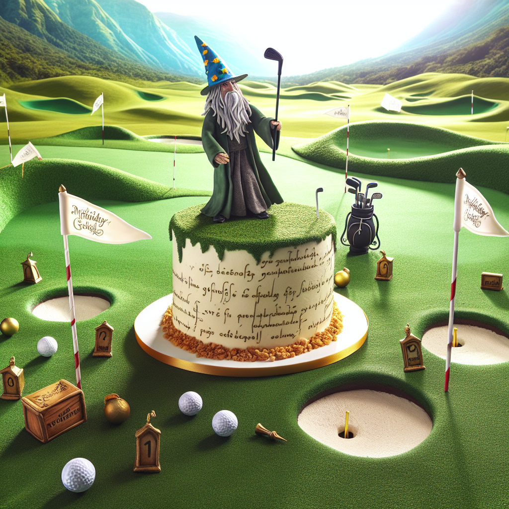 Imagine a beautifully detailed birthday scene that is set on a verdant golf course, crafted to mimic the rolling hills common in fantastical storytelling landscapes. In the middle, an extravagant cake takes center stage, elegantly topped with a fondant figure of a wizard weilding a tiny golf club. Surrounding the cake, you'd see make-shift-hole tee boxes and flagsticks decorated with mystical scripts, all thoughtfully designed to blend the magical charm of an imaginary realm with the sophisticated aura of a typical golf course setting.
Generated with these themes: Lord of the Rings, Gandalf, and Golf course.
Made with ❤️ by AI.