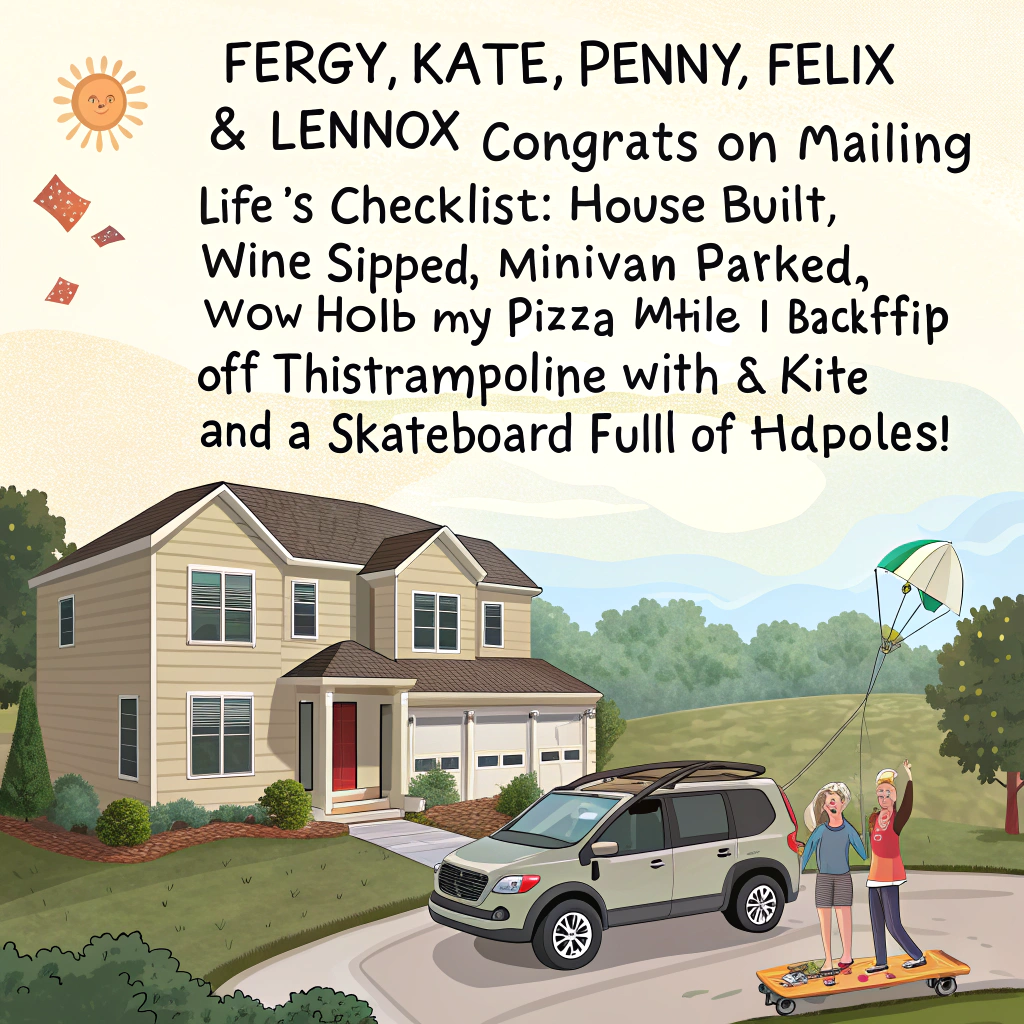 All five of them Building a new house , Kite surfing, Wine, Pizza, Minivan, Skateboard, Tadpoles, and Trampoline Congratulations Card